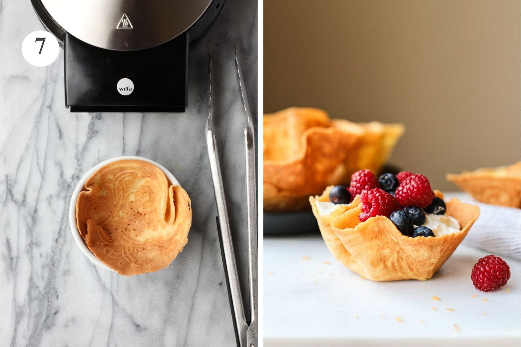 Shaping a krumkake into a waffle bowl, and a waffle bowl filled with whipped cream and berries.
