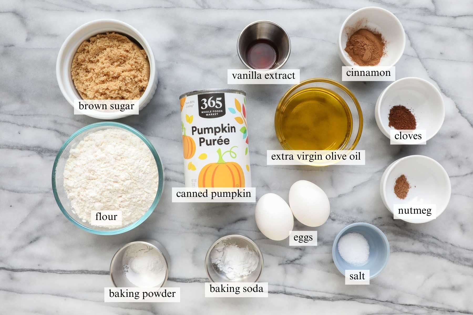 The ingredients needed to make Olive Oil Pumpkin Bread.