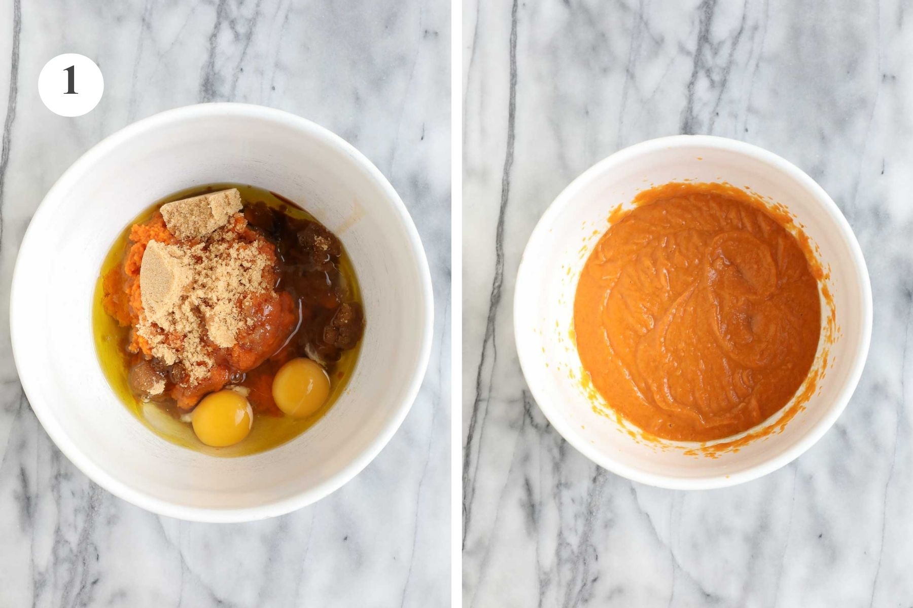 A mixing bowl with the wet ingredients and the bowl after the ingredients have been combined.