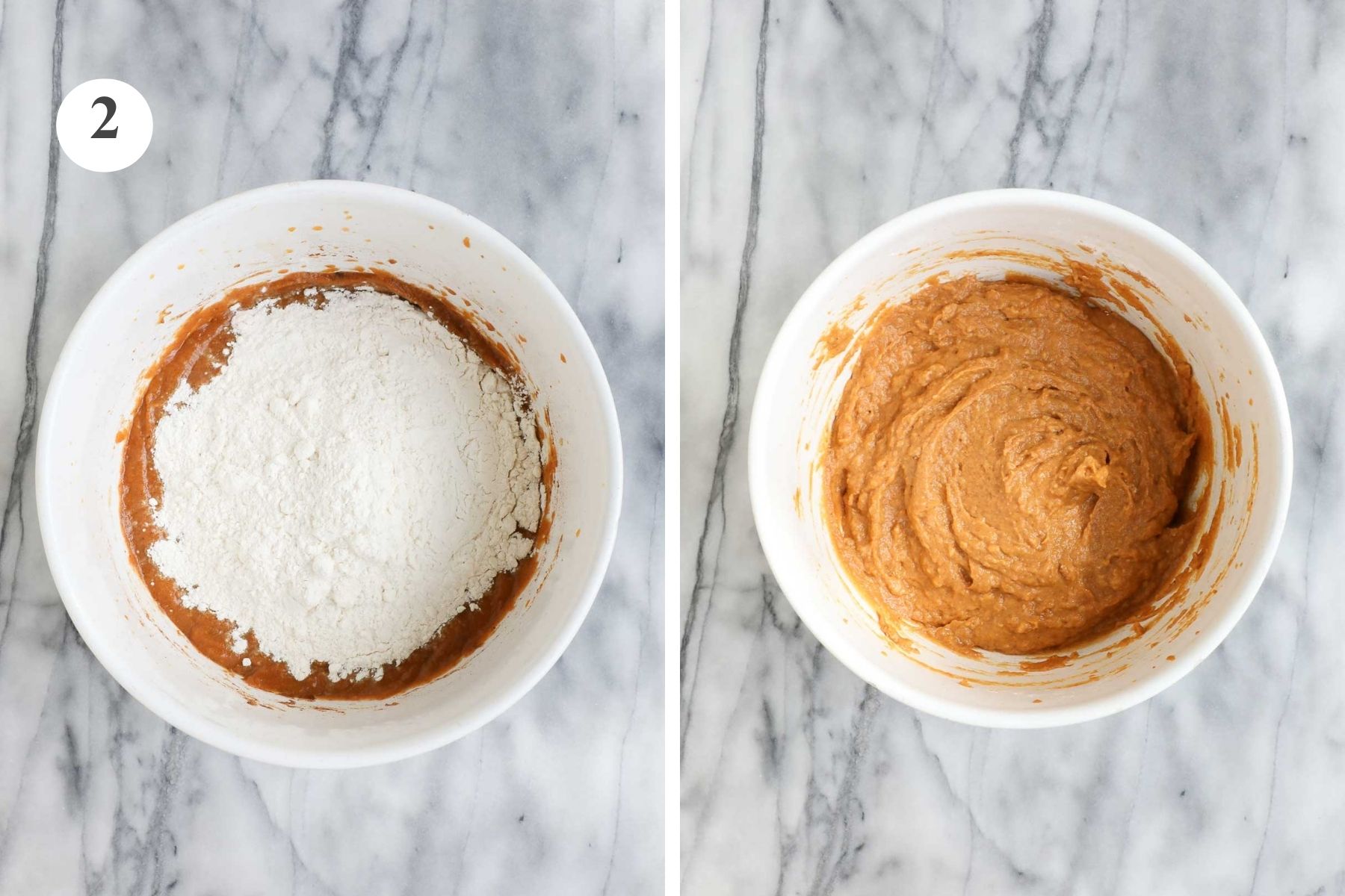 A bowl with the dry ingredients added including the flour and the bowl after all the ingredients have been combined.