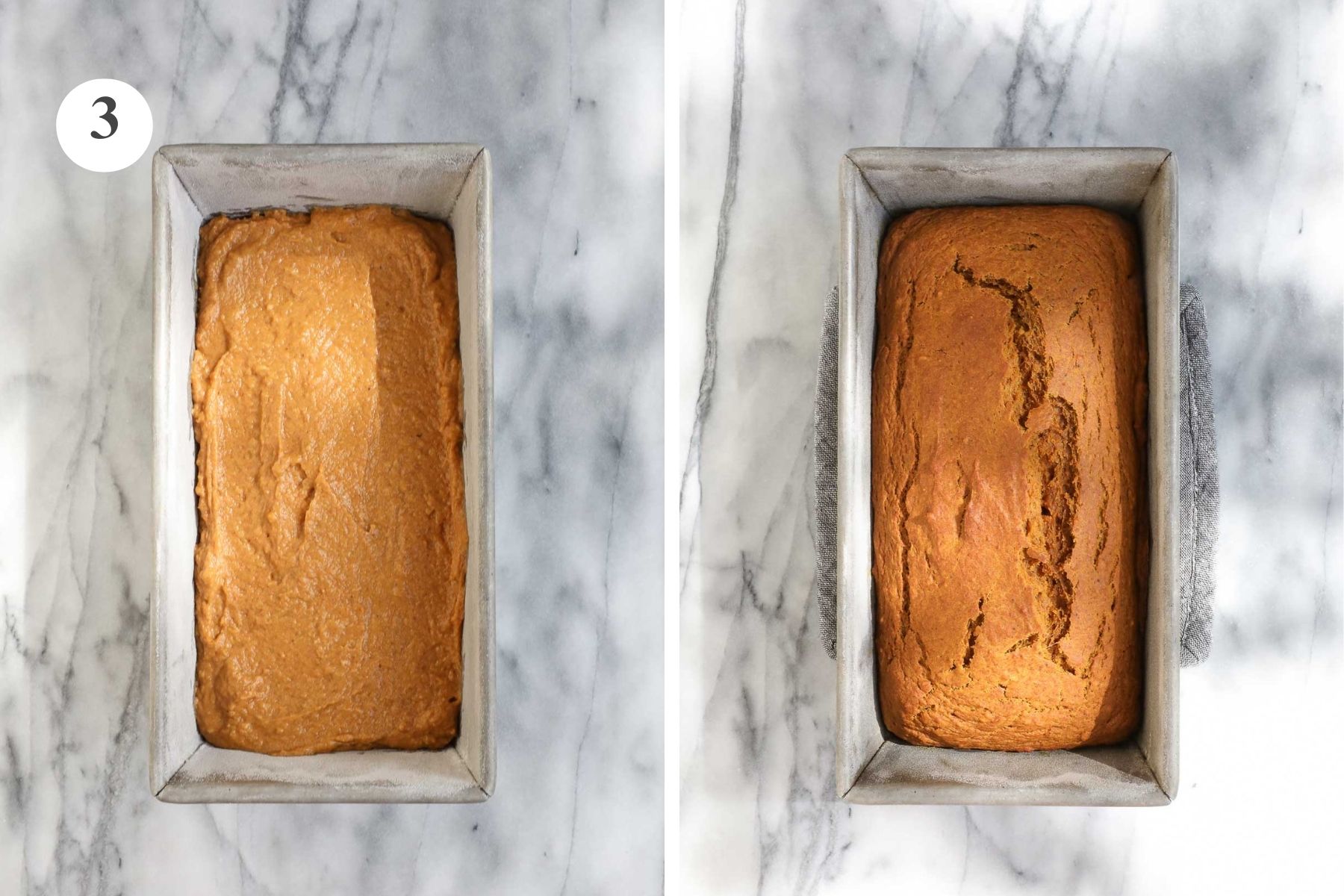 An aluminum rectangular loaf pan with the pumpkin bread batter before and after being baked in the oven.