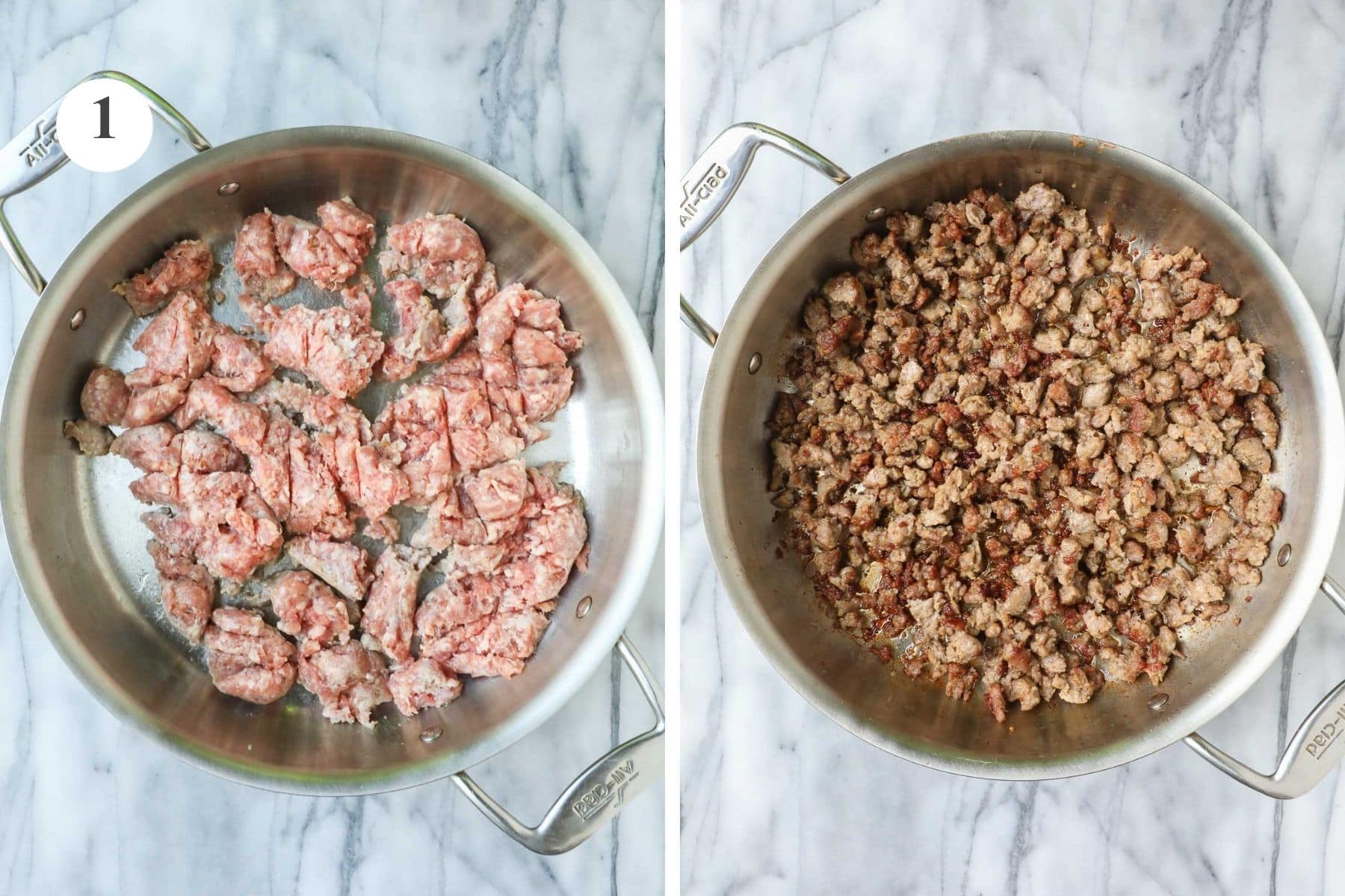 Sweet Italian sausage in a sauté pan before and after being chopped and cooked until golden and slightly crispy.