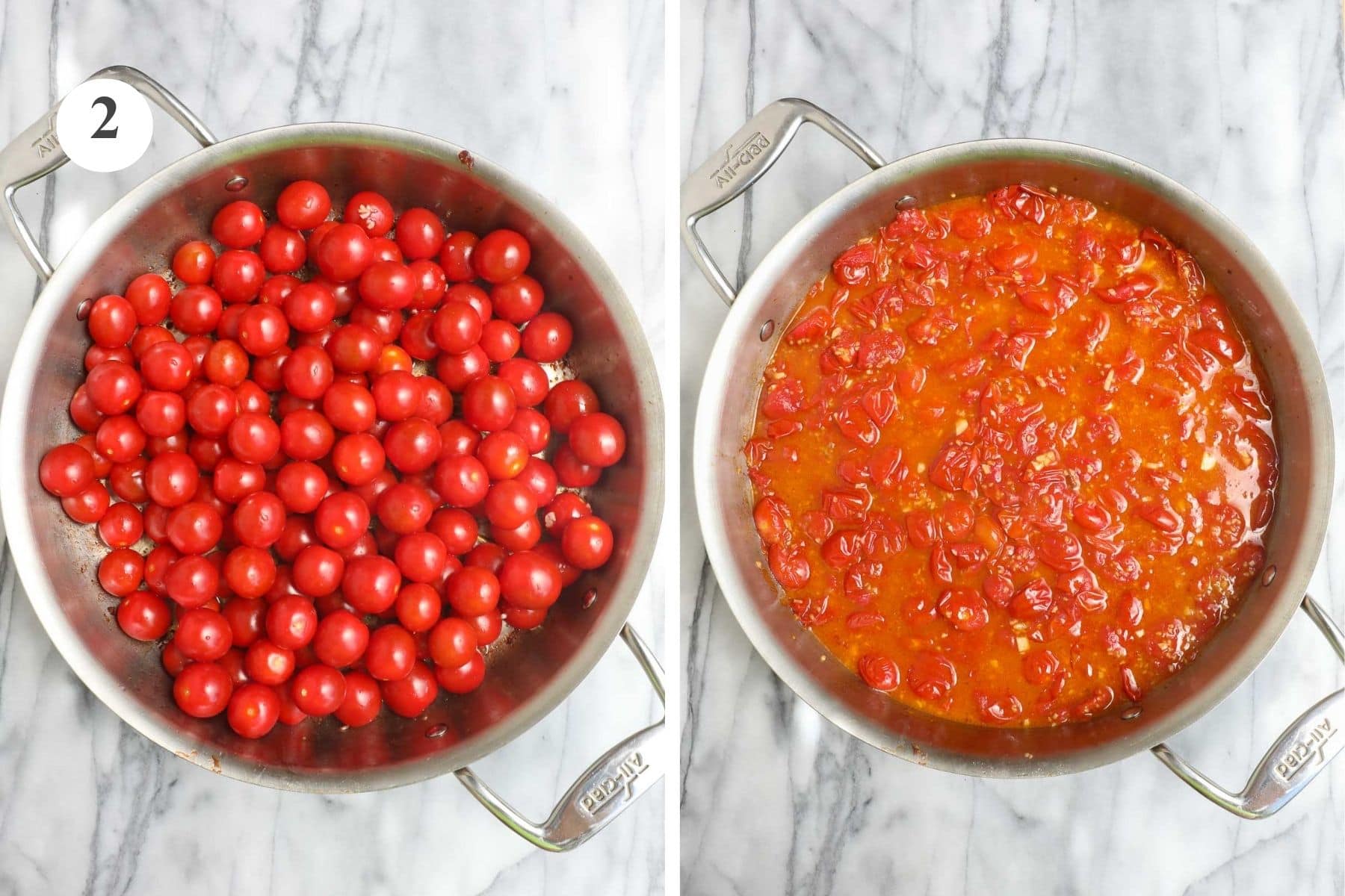 Cherry tomatoes in a large sauté pan before and after being simmered with garlic added.