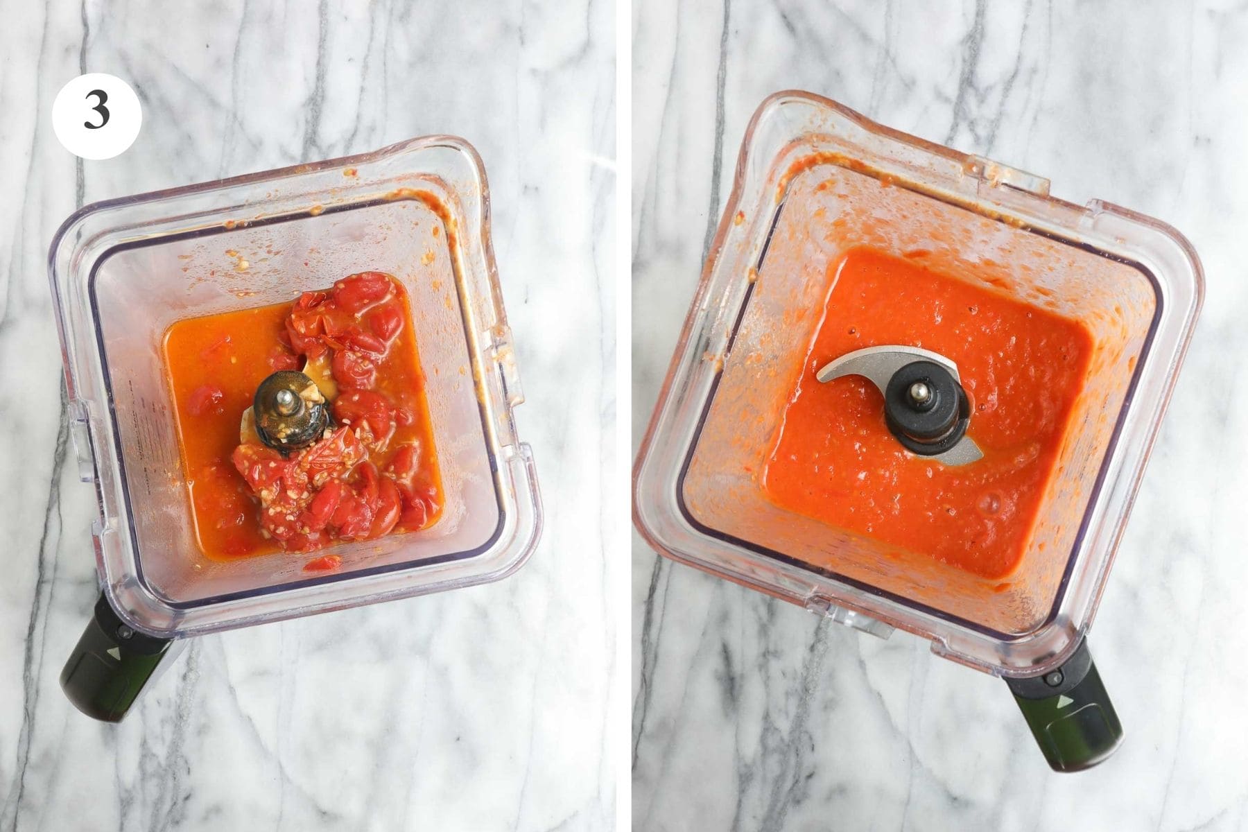 The cherry tomato sauce in a blender before and after being blended.