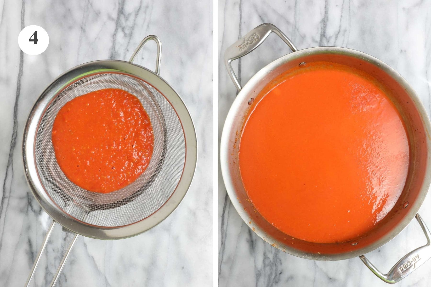 The cherry tomato sauce being strained through a fine mesh strainer and poured back into the sauté pan.