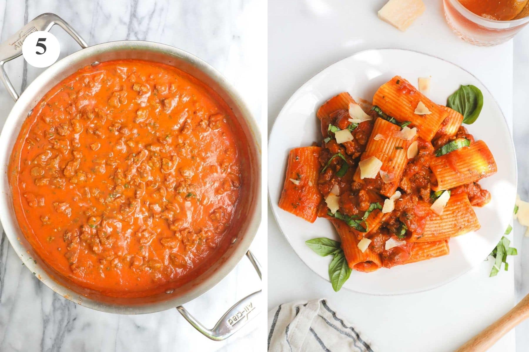 The sauce with the sausage and basil added and the final plated dish.