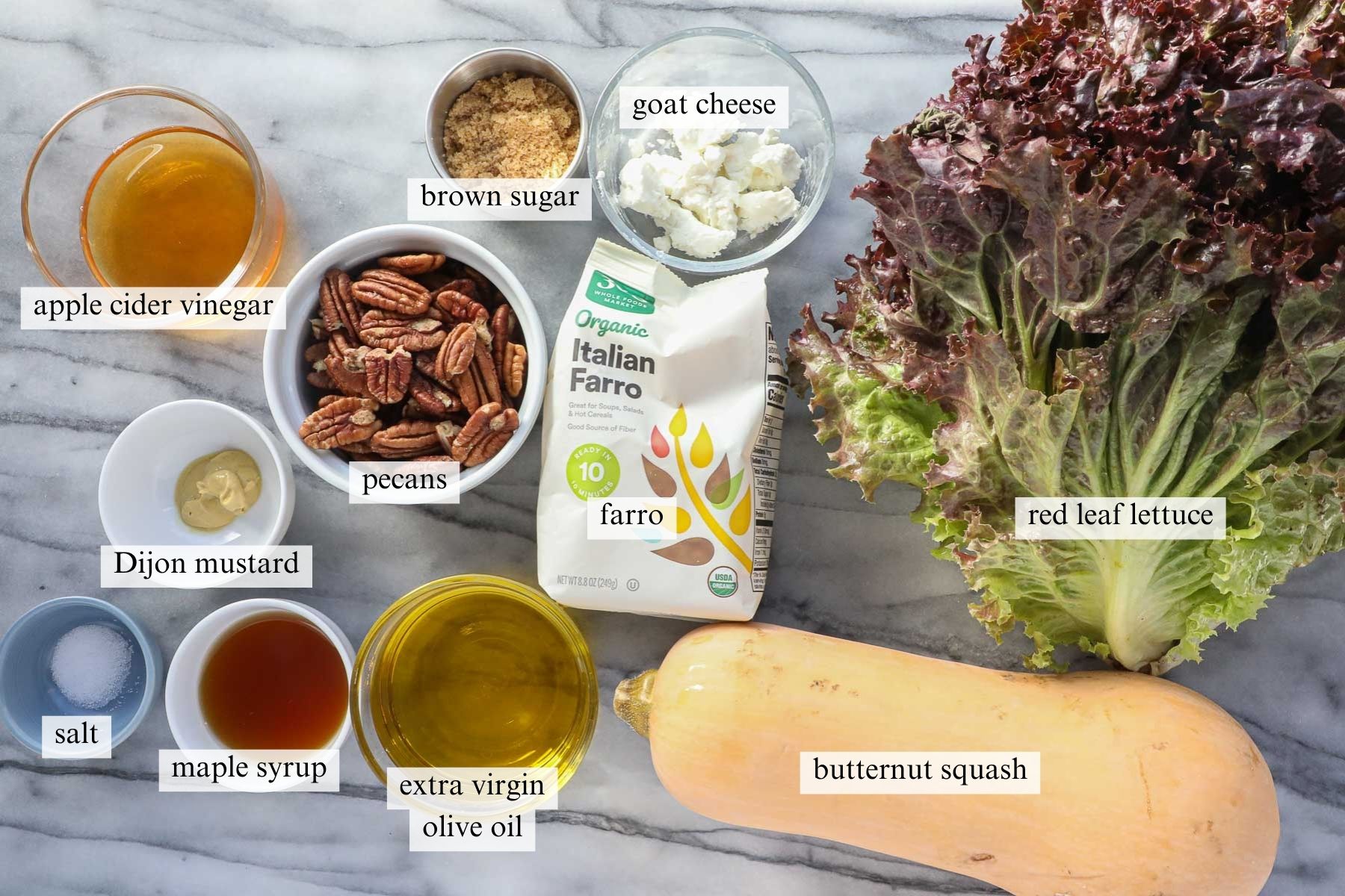 The ingredients needed to make Butternut Squash Salad with Maple Vinaigrette.