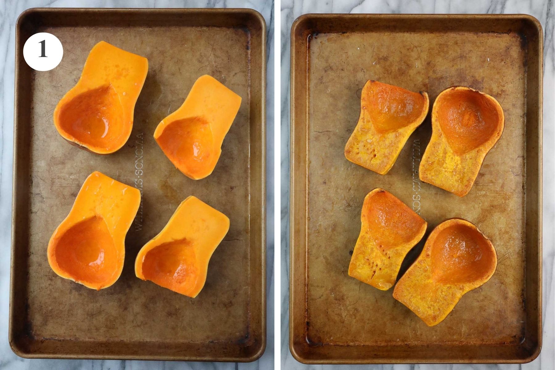 Two honeynut squashes sliced in half on a baking sheet before and after being roasted in the oven.