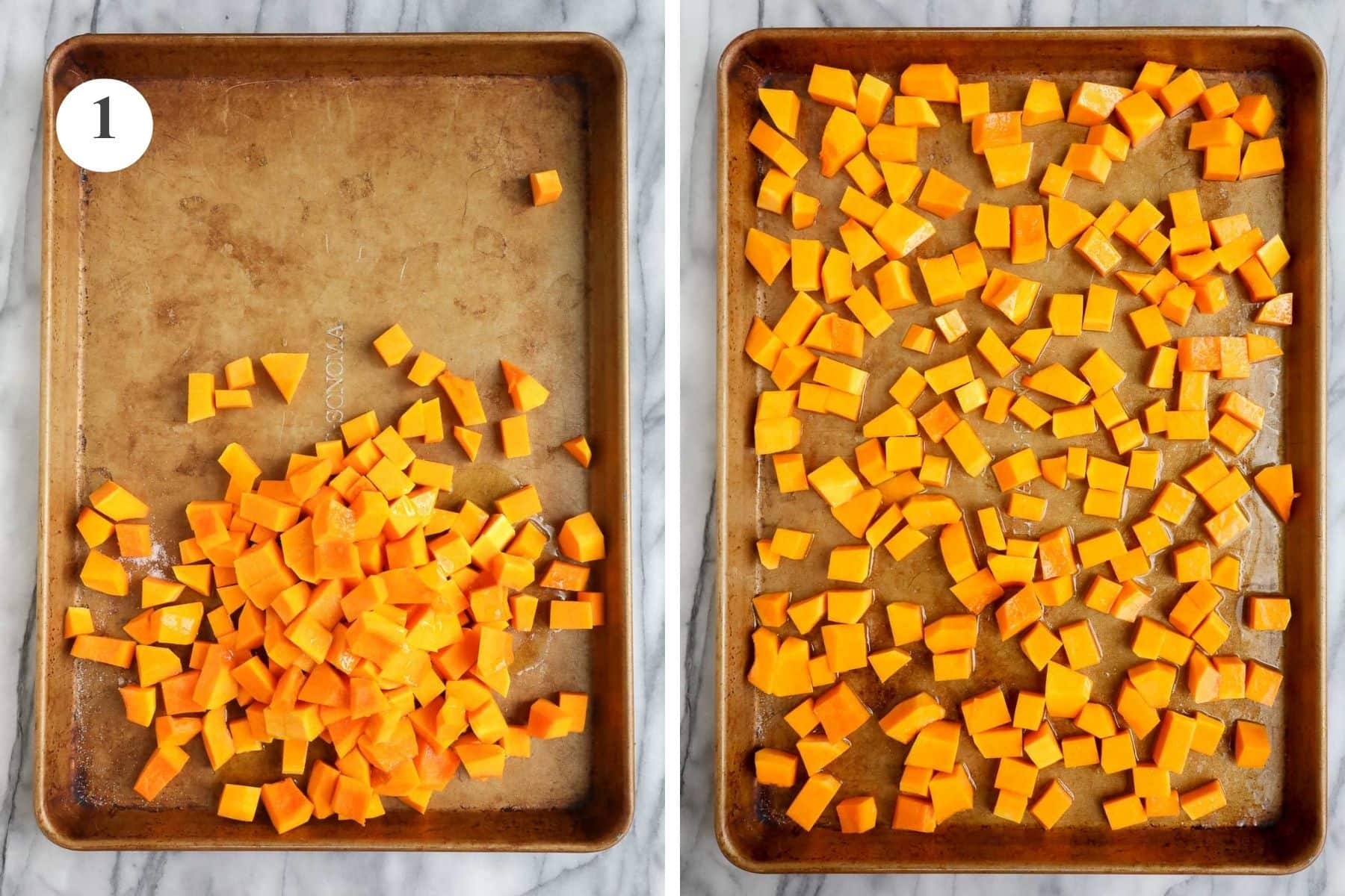 A gold sheet pan with diced butternut squash all to one side to drizzle with olive oil and sprinkle with salt then separately spread out on the sheet pan to allow room for roasting.