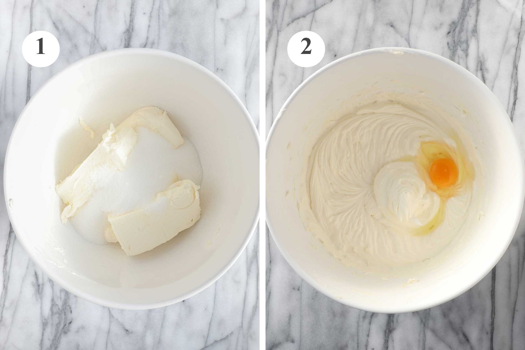 A large white mixing bowl with the softened cream cheese and sugar and the bowl after the sugar and cream cheese have been beaten for five minutes with the first egg added.