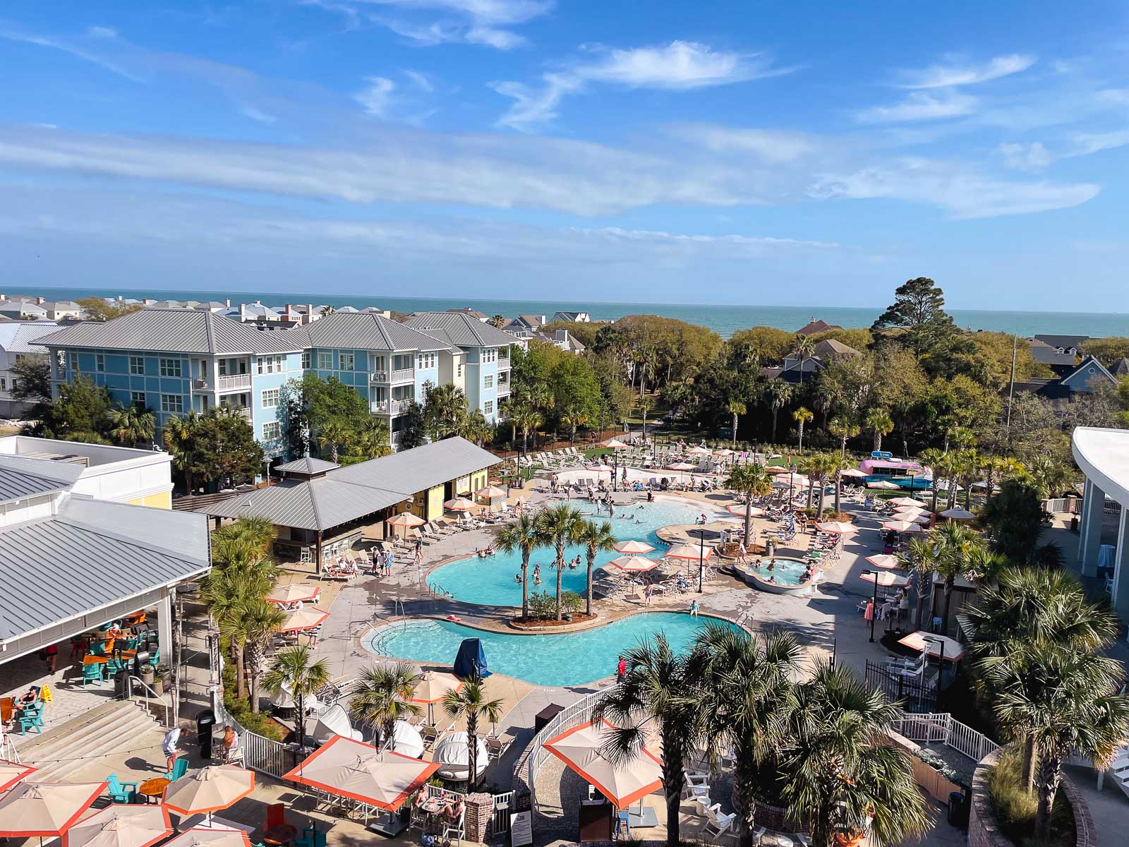 The view from the hotel room at the Sweetgrass in including the pools and the ocean.