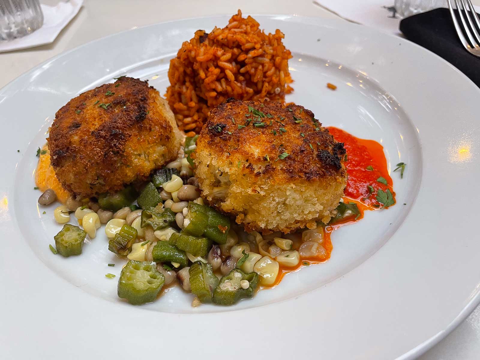 Crab cake dinner at 82 Queen in Charleston.