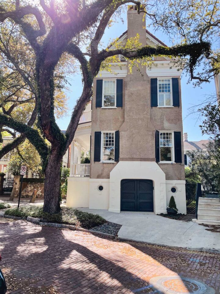 A beautiful old tree in front of a tall narrow architecturally detailed home in downtown Charleston, SC.
