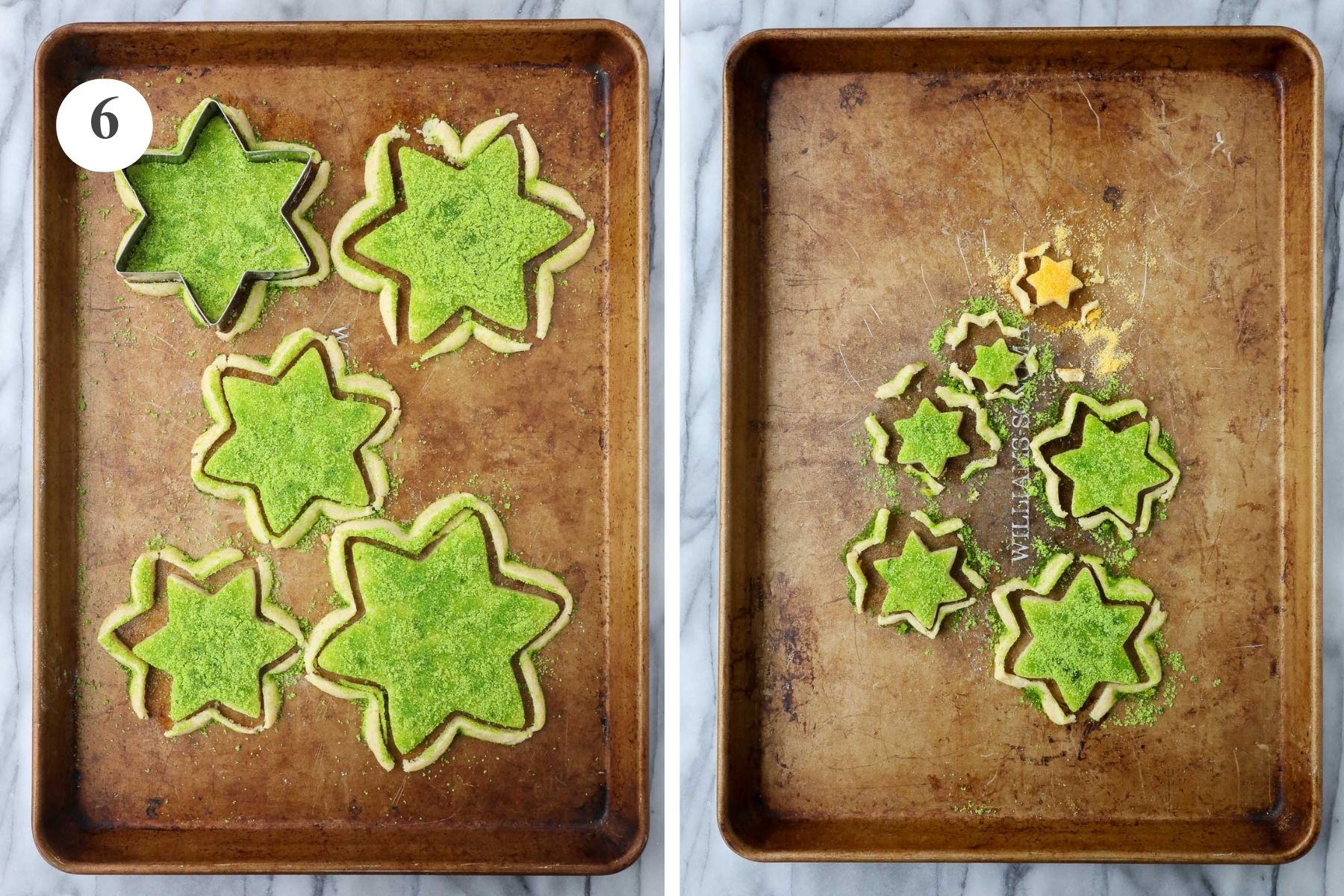 The star sugar cookies after they have been removed from the oven and recut to create sharp clean edges.