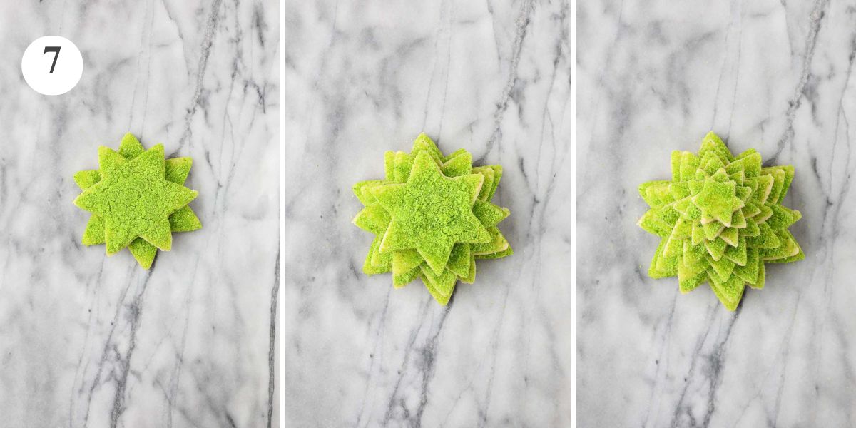 Three steps in assembling the star cookies on top of each other to form the Christmas Cookie Tree.