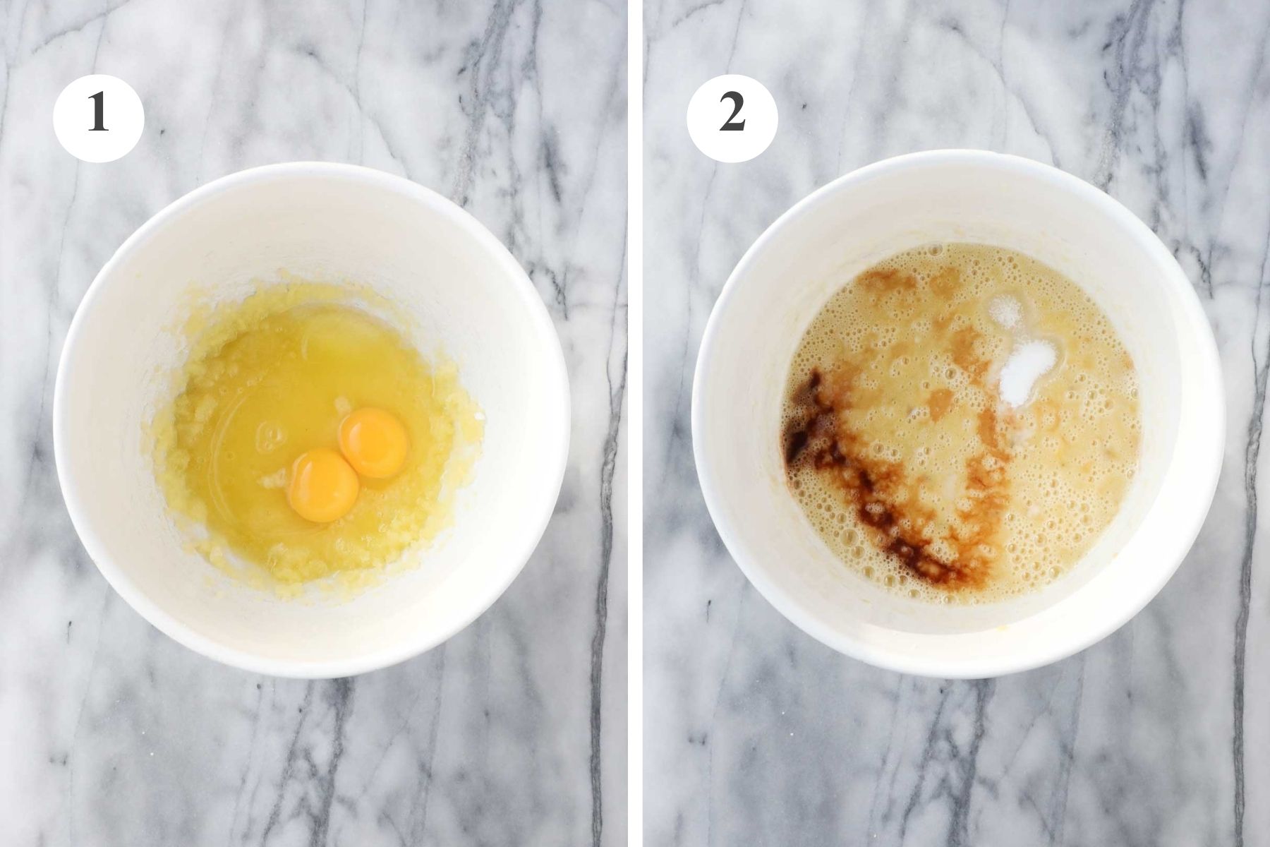 A large white mixing bowl with olive oil, sugar, eggs, and bananas and the bowl with the ingredients combined and the vanilla extract, baking soda, and salt added.