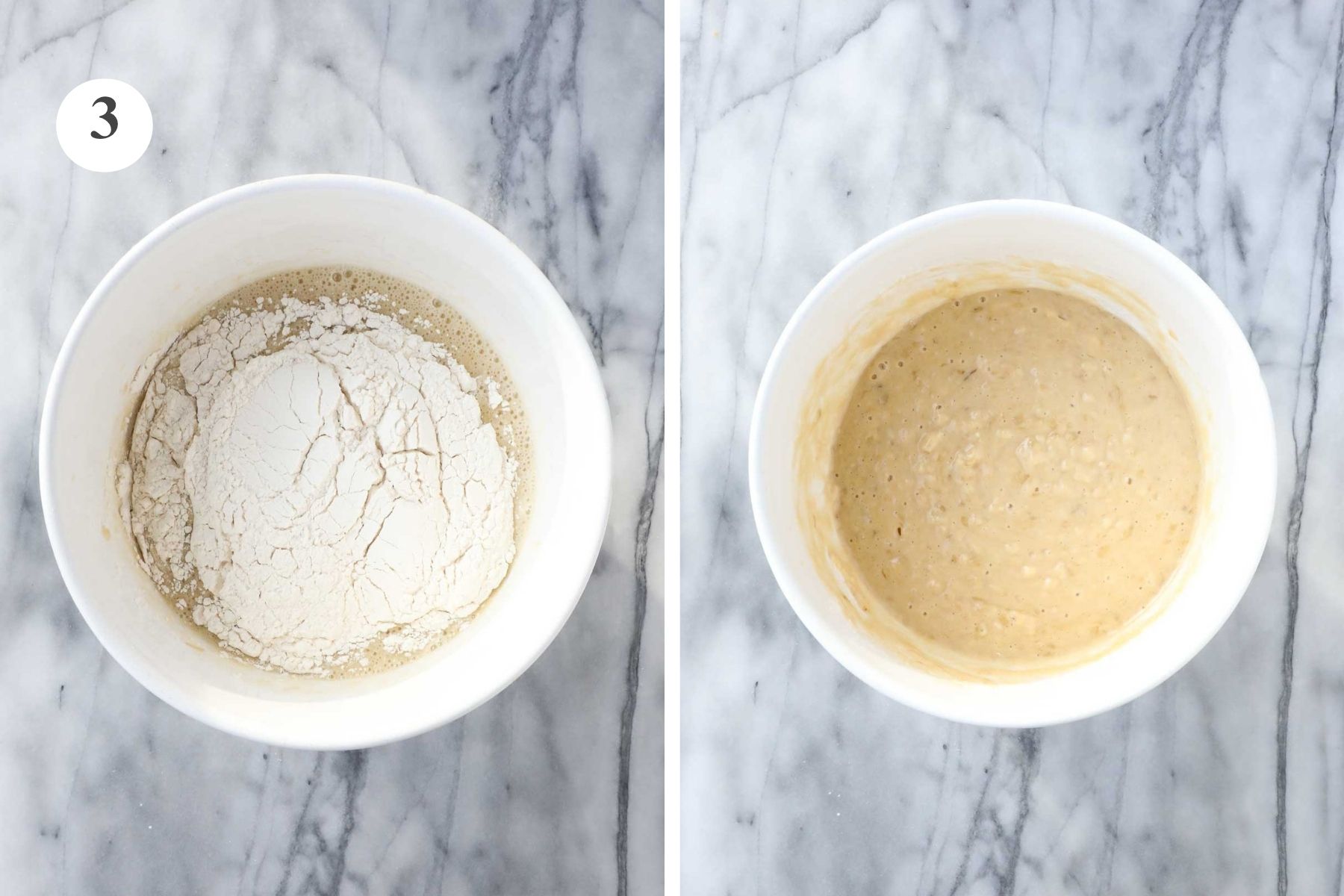 The mixing bowl with the flour added before and after being combined.