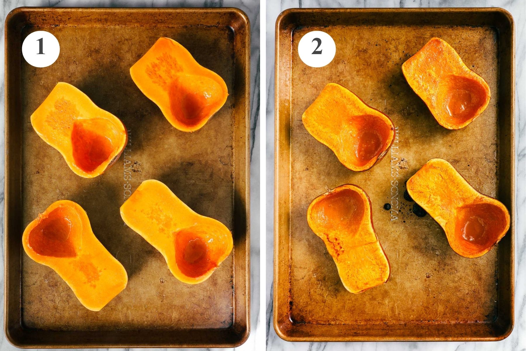 The halved honeynut squash drizzled with olive oil and sprinkled with salt on a baking sheet before and after being roasted.