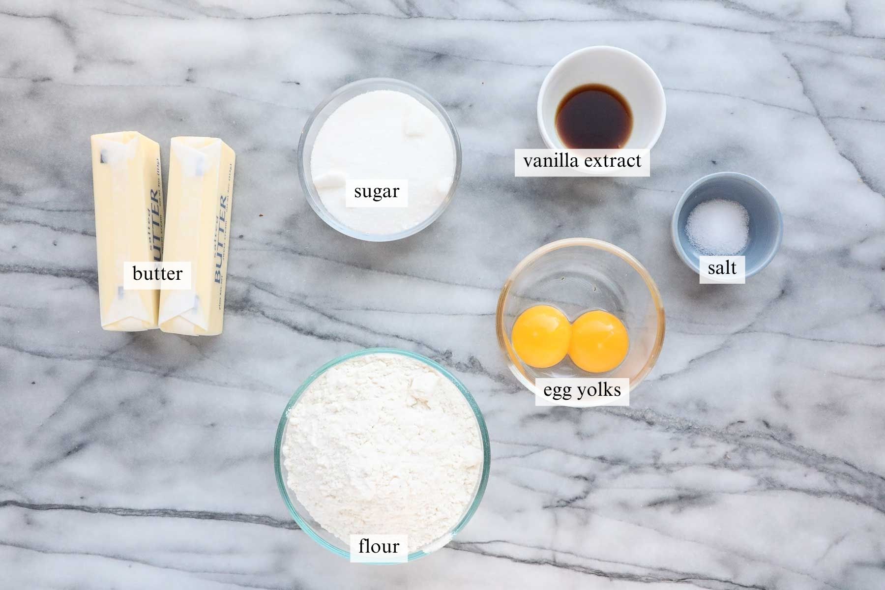 The ingredients needed to make Soft Cut Out Sugar Cookies.
