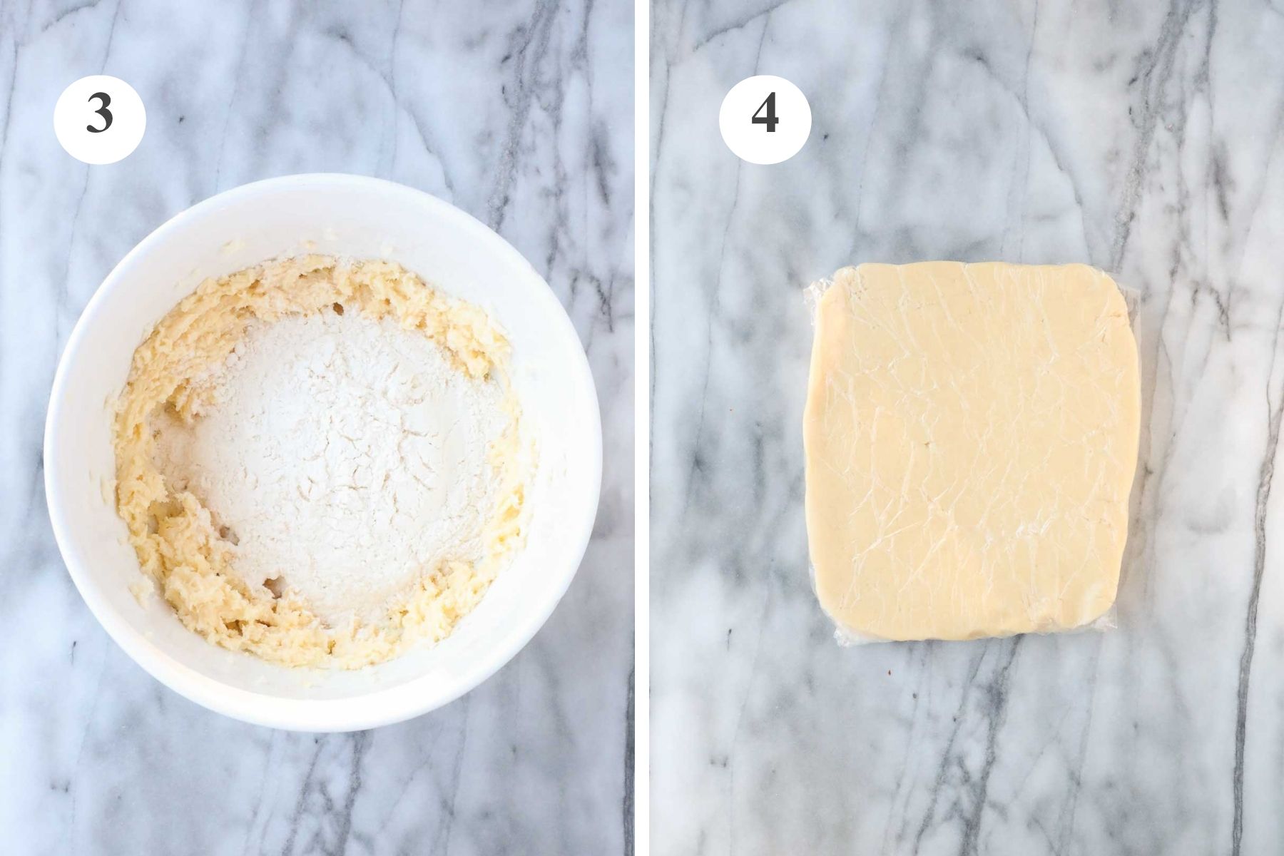 The bowl with the flour added and the dough shaped into a rectangular disc and wrapped in plastic wrap.