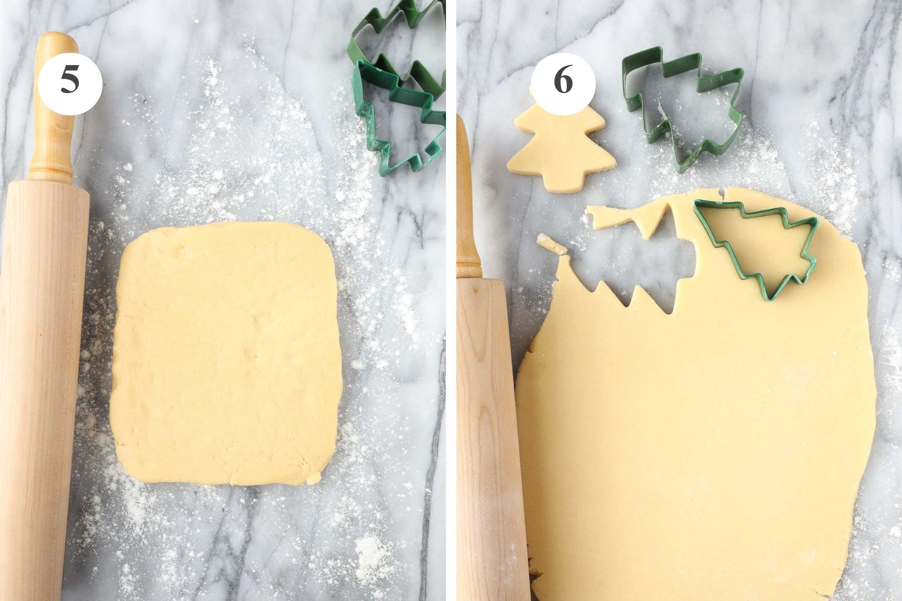 The dough on a floured marble slab with a rolling pin nearby and the dough rolled out with a few tree cookies cut out of the dough.