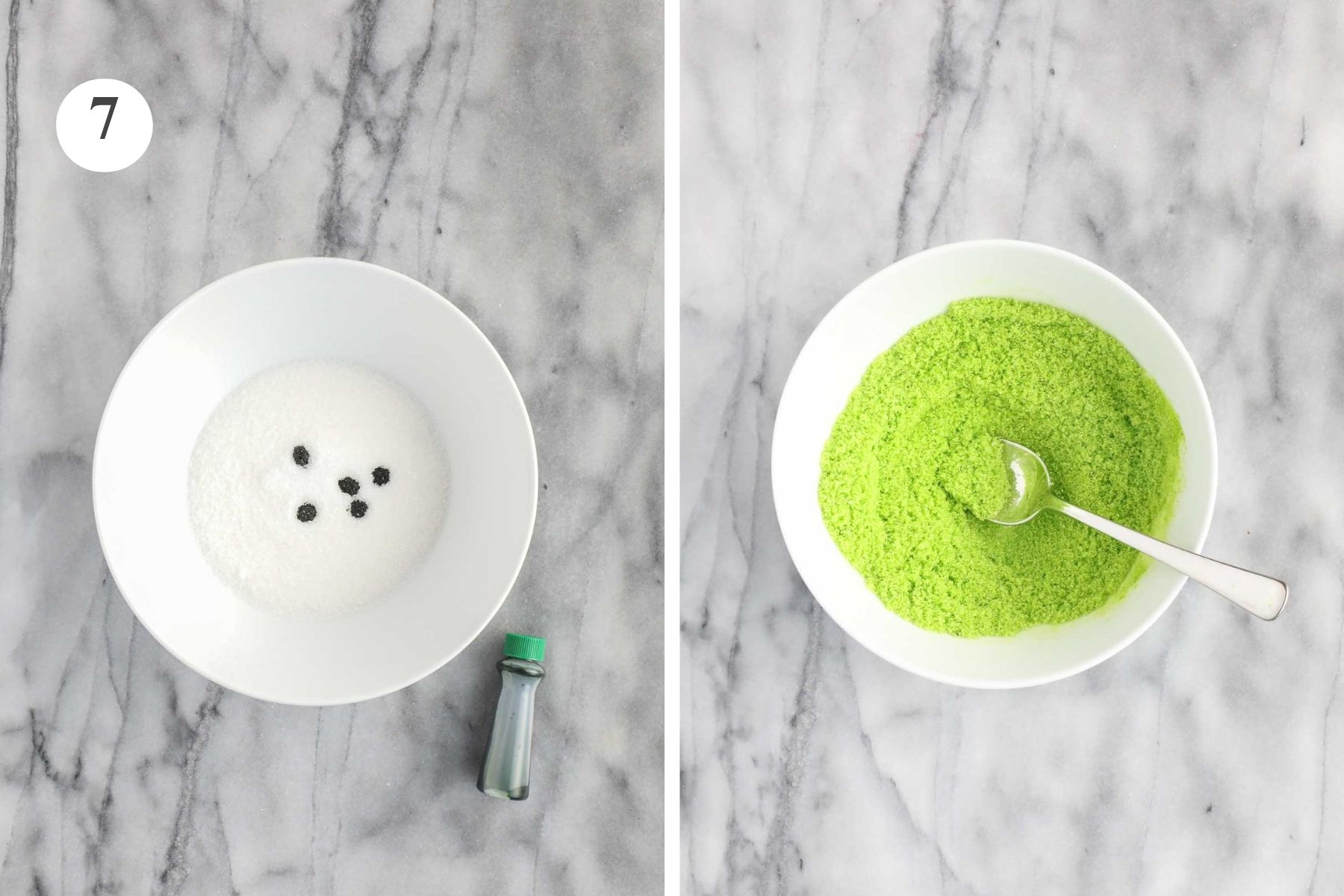 A bowl with granulated sugar and a few drops of food coloring and the bowl after the sugar and food coloring has been combined so that it is bright green.