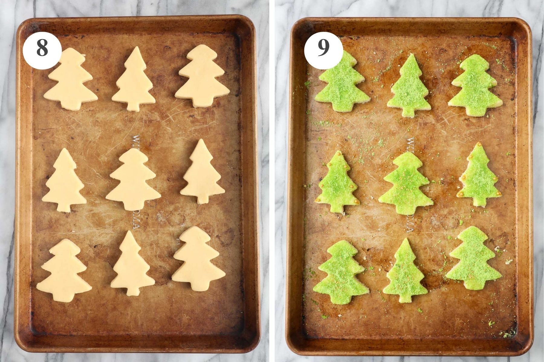 A baking sheet with cut out sugar cookies in the shape of Christmas trees and the cookies decorated with homemade green sanding sugar that have been baked in the oven.