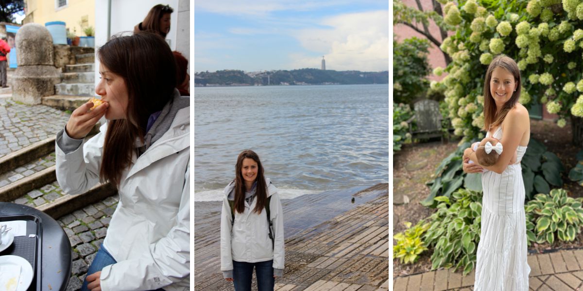 A collage of photos of Lauren traveling and with family.