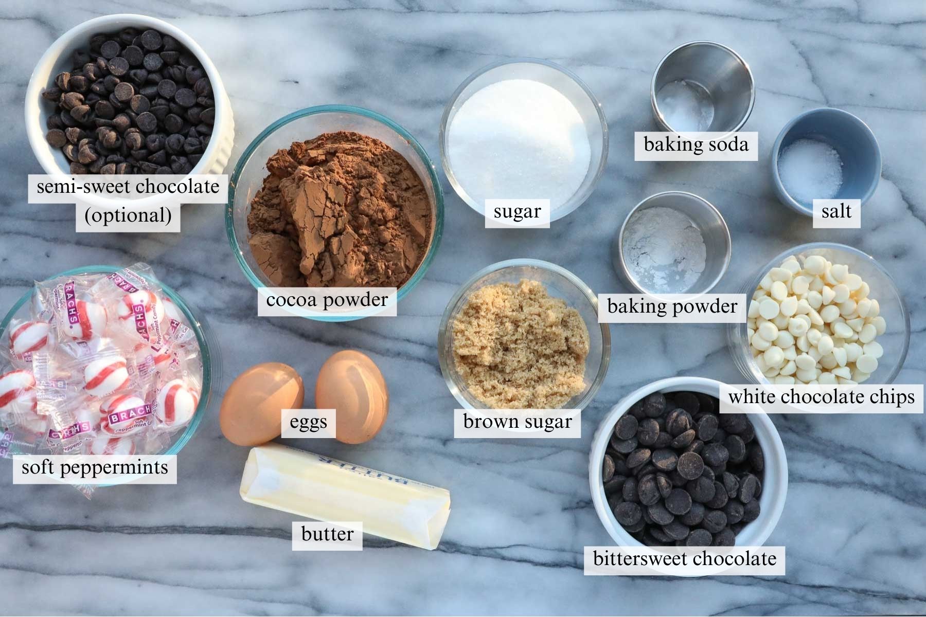 The ingredients needed to make Peppermint Cocoa Cookies.