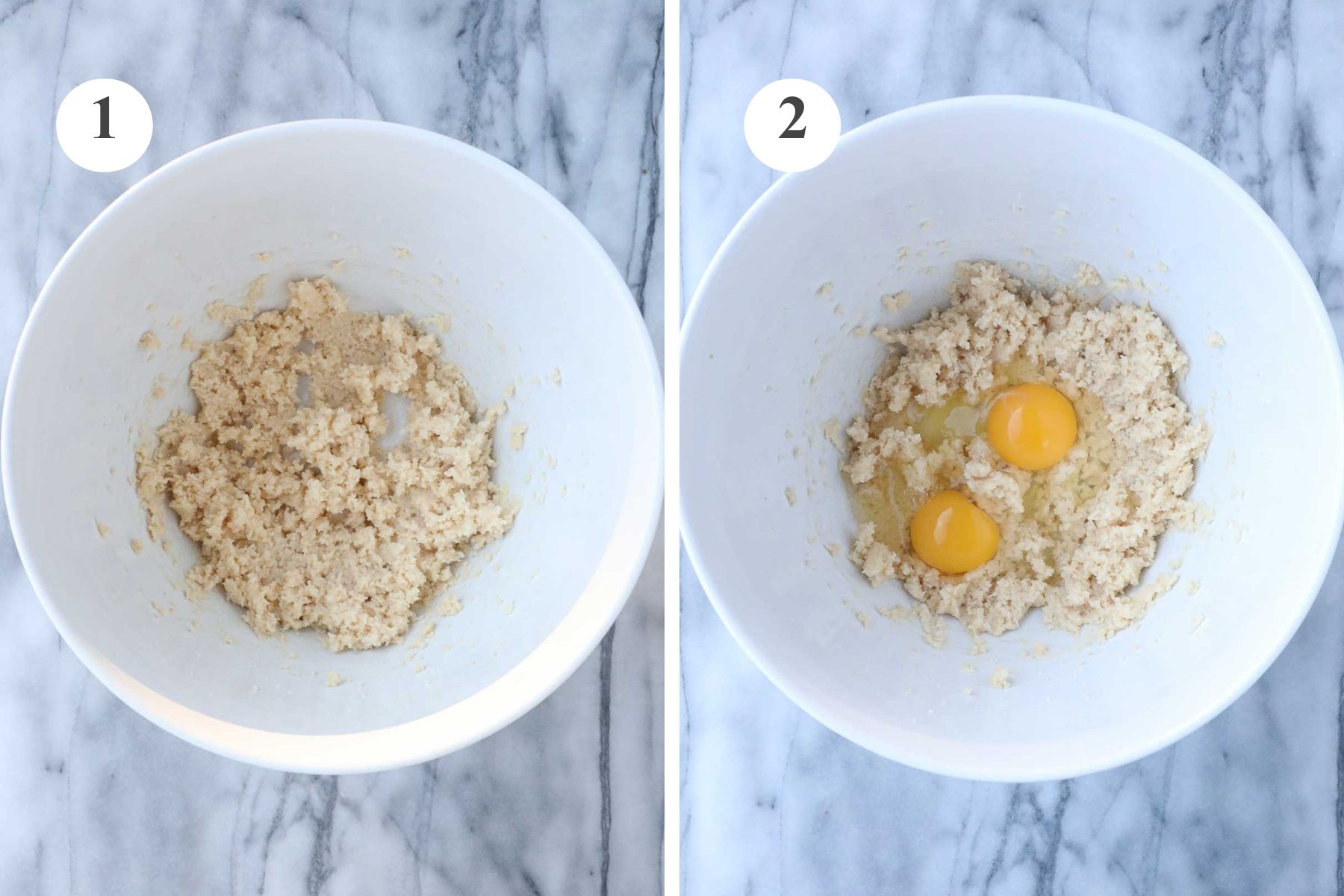 A mixing bowl with creamed butter and sugar and the bowl after the eggs are added.