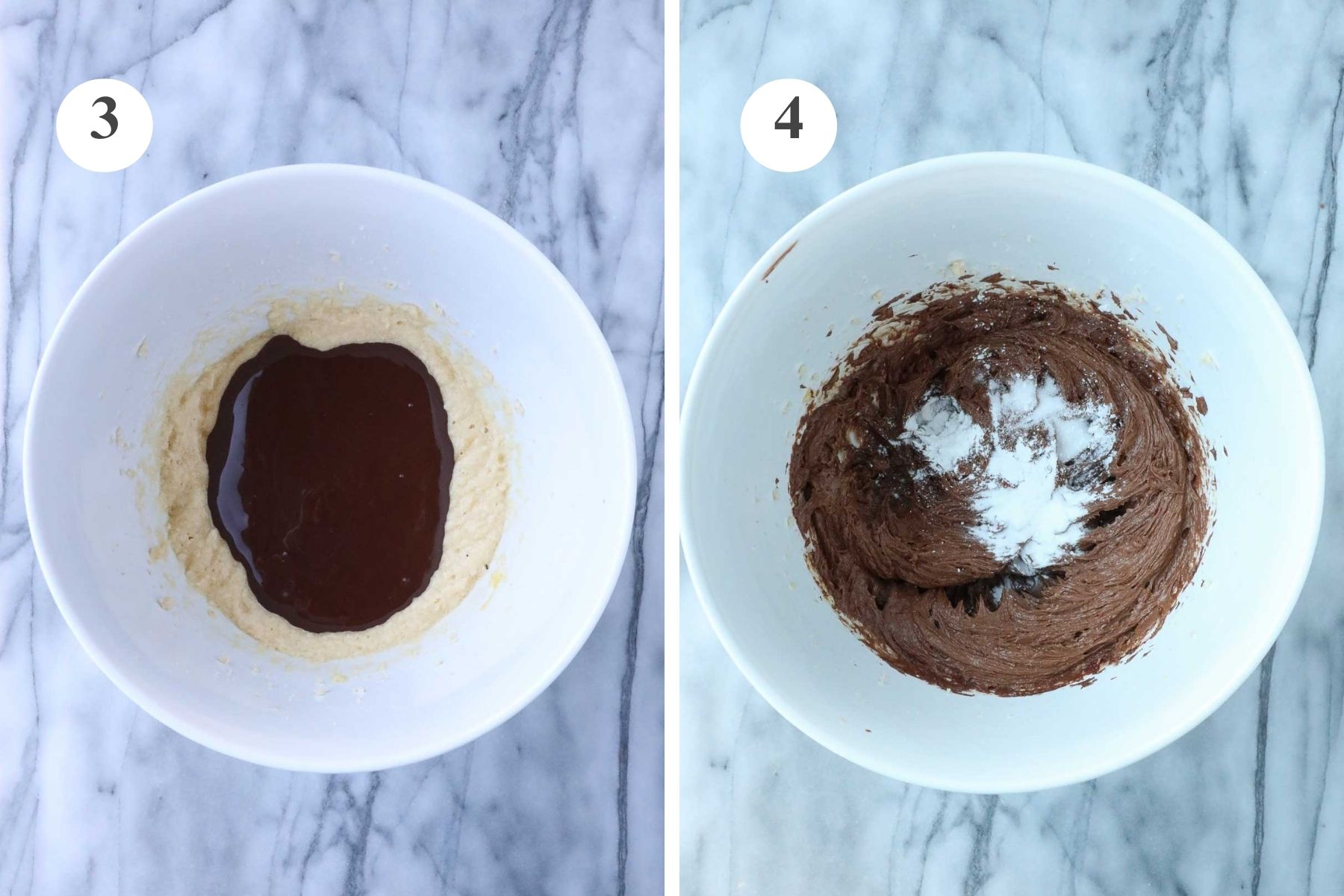 The mixing bowl with the melted chocolate added, and the bowl after the salt, baking soda, and baking powder have been added.