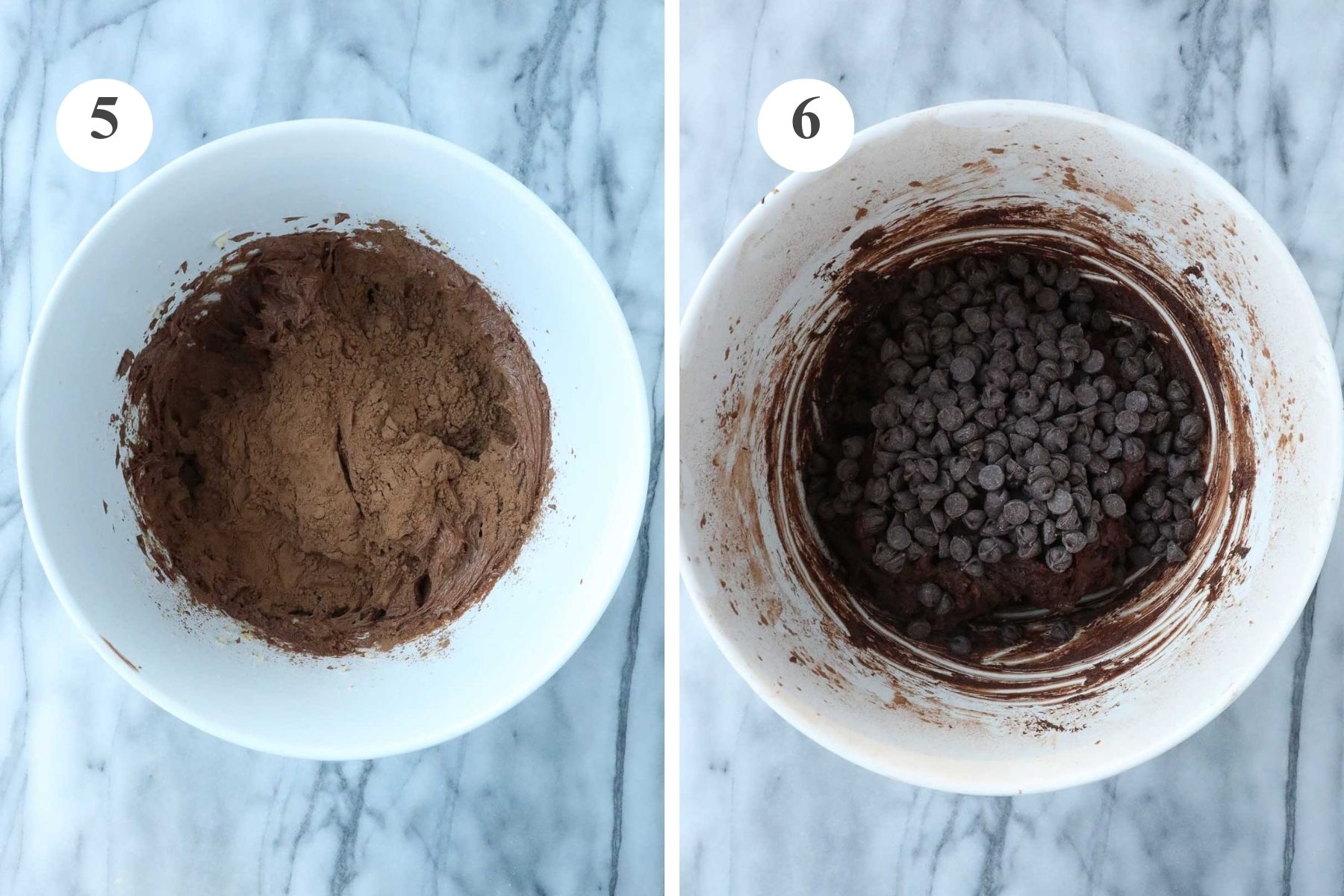 The bowl with cocoa powder added, and the bowl after the chocolate chips are added.