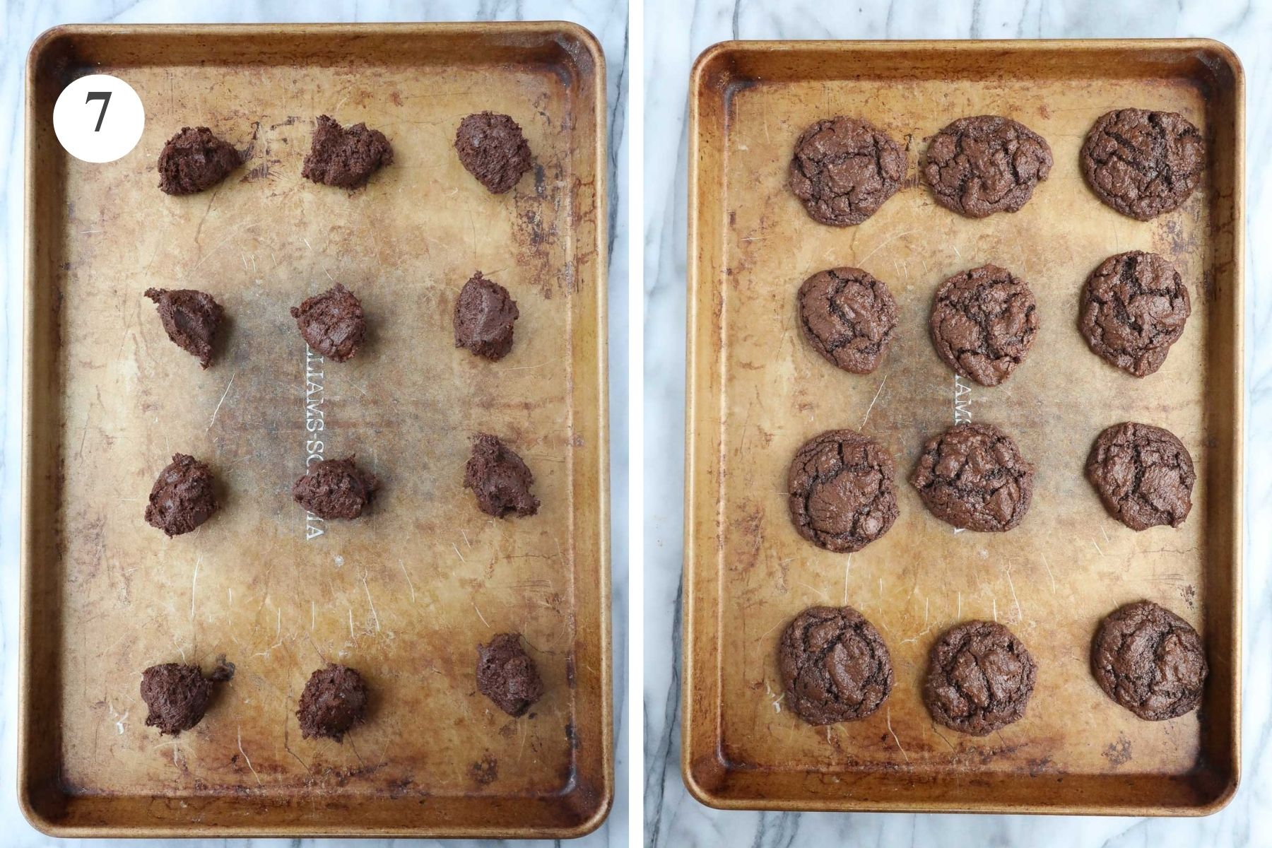 A baking sheet with the cookie dough before and after baking.