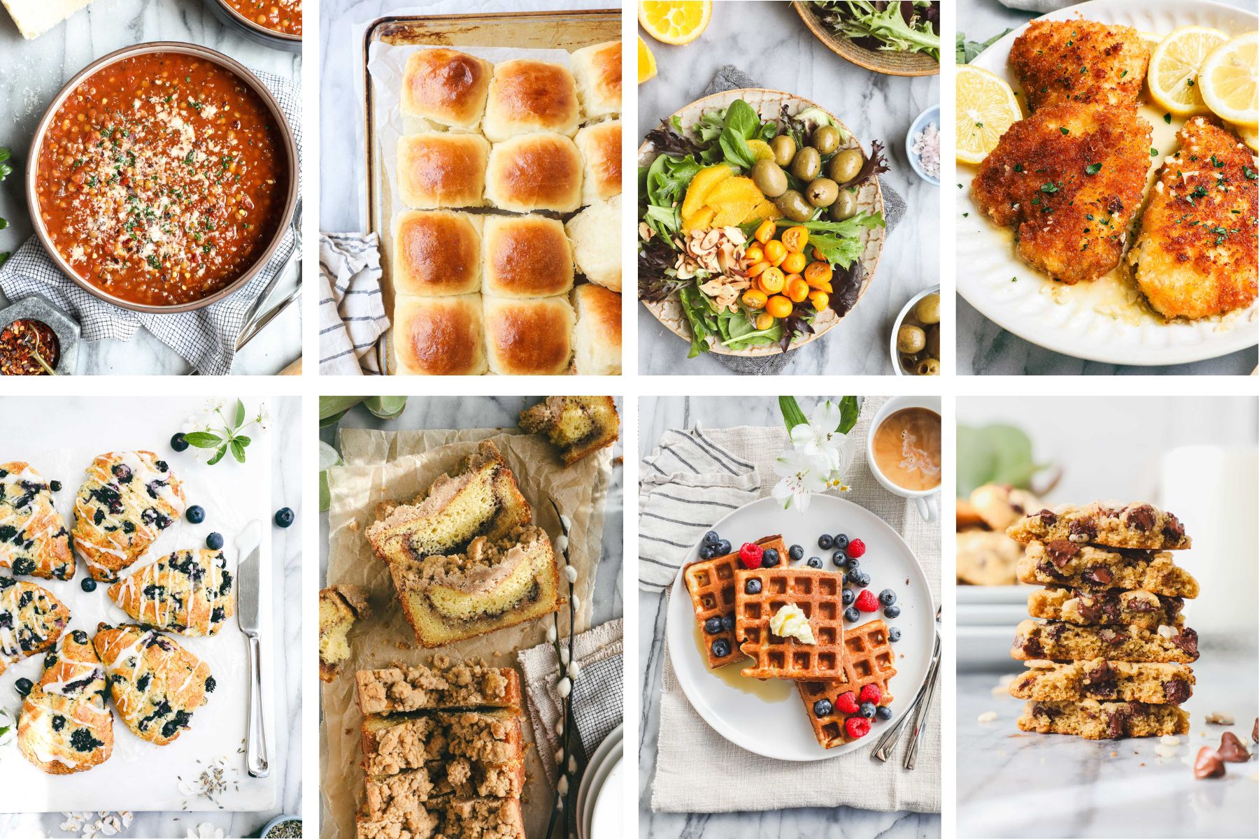 Collage of recipes, Italian Lentil Soup, Dinner Rolls, Spanish Salad, Chicken Cutlets, Scones, Coffee Cake, Waffles, and Cookies