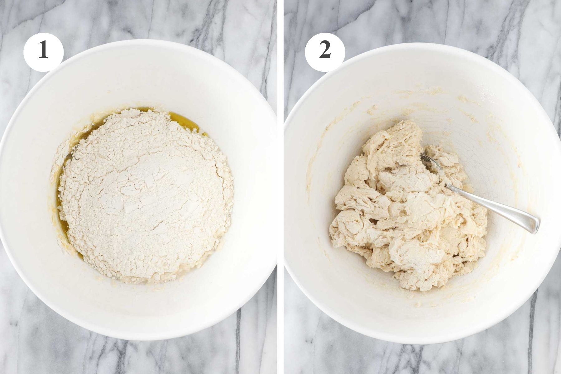 A large mixing bowl with water, yeast, olive oil, salt, and flour, and the ingredients roughly combined with a spoon.