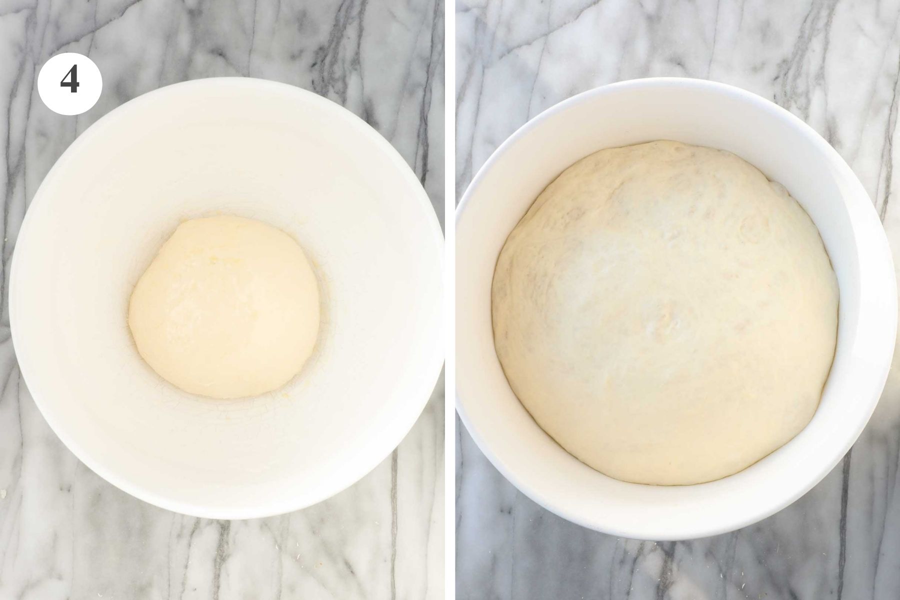 The dough before and after rising in a bowl.