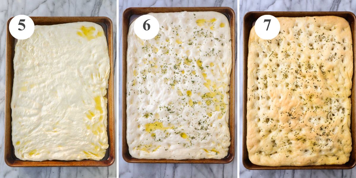 The dough spread out on a sheet pan, after rising in the sheet pan, and after being fully baked, golden and crispy.