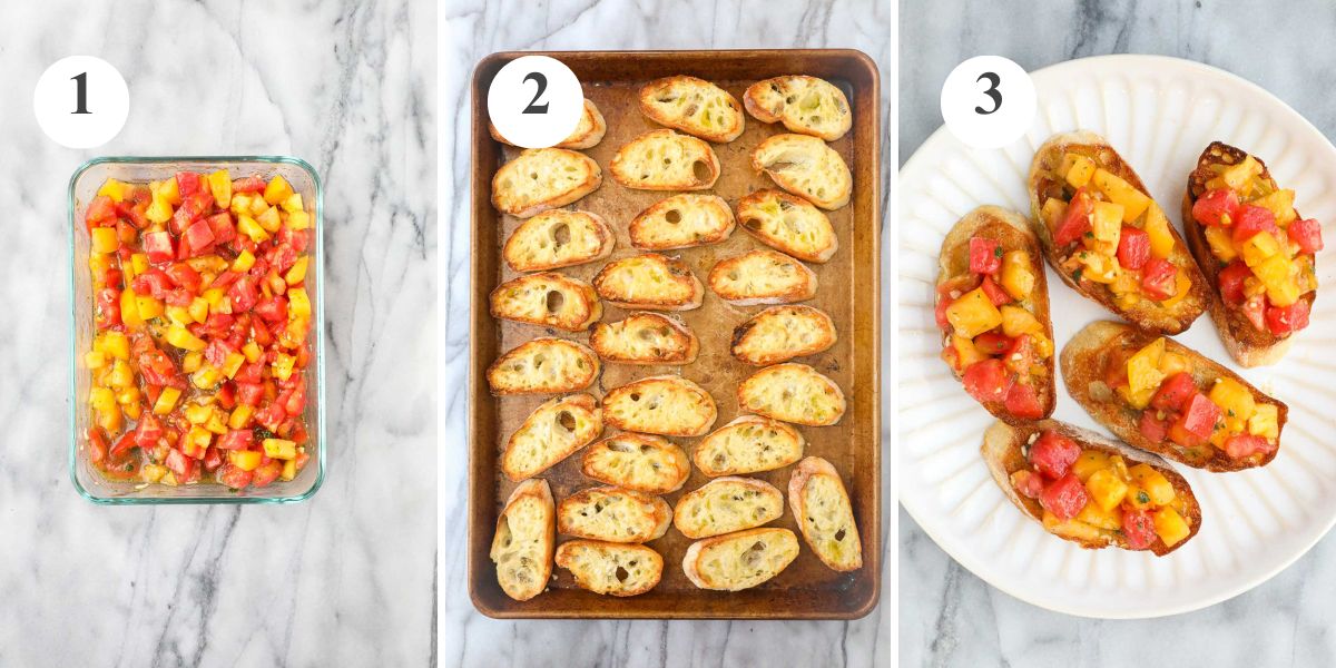 A glass dish with diced yellow and red heirloom tomatoes, olive oil, balsamic vinegar, and basil, and a baking sheet with toasted slices of baguette, and a plate with the assembled brushcetta.