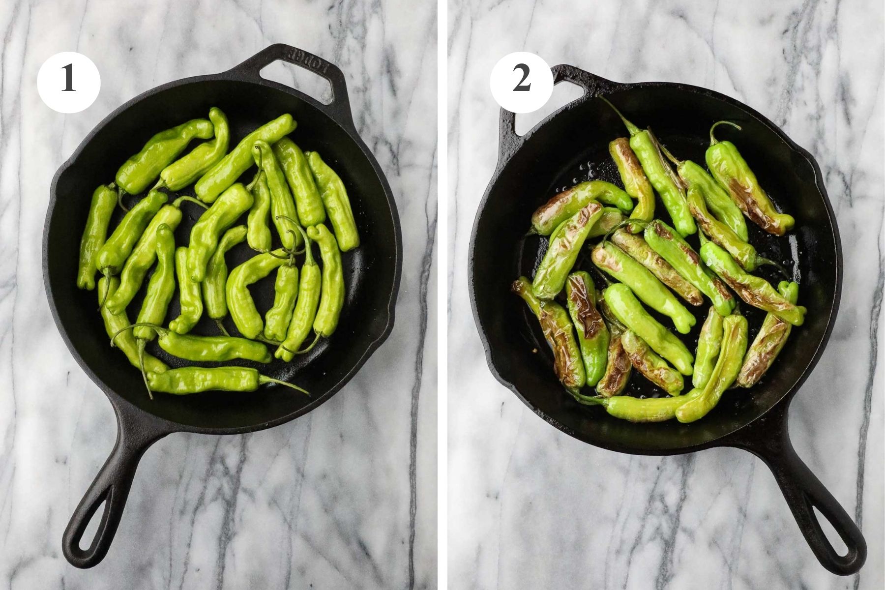 The Spanish Peppers in a cast iron skillet before and after cooking.
