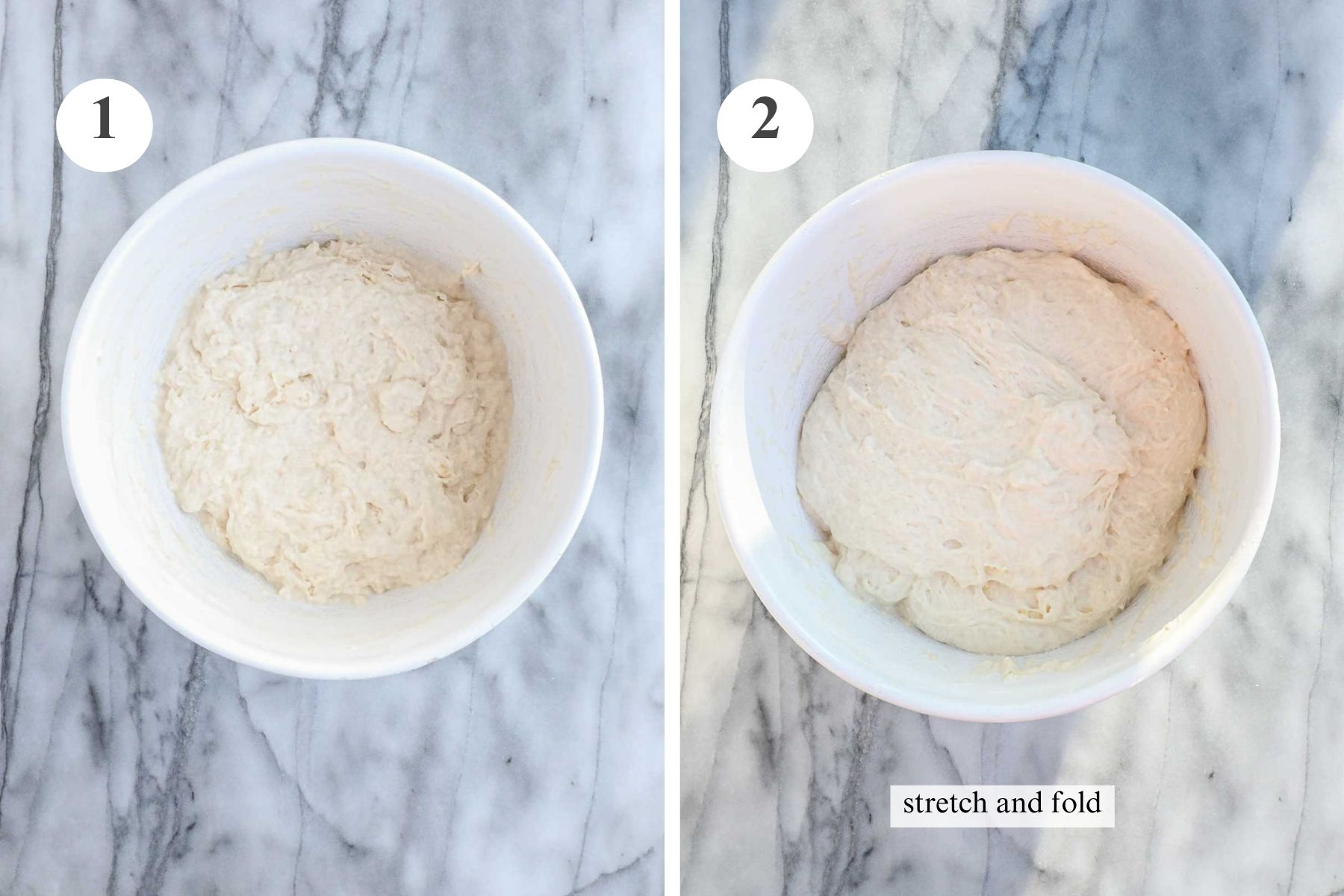 The Bubbly Focaccia dough with the ingredients just mixed together and the dough after the first stretch and fold.