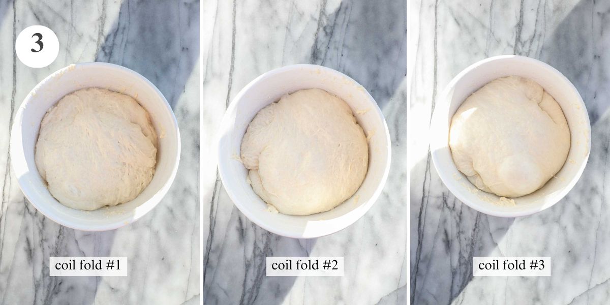 The focaccia dough in a white mixing bowl after each of the three coil folds.