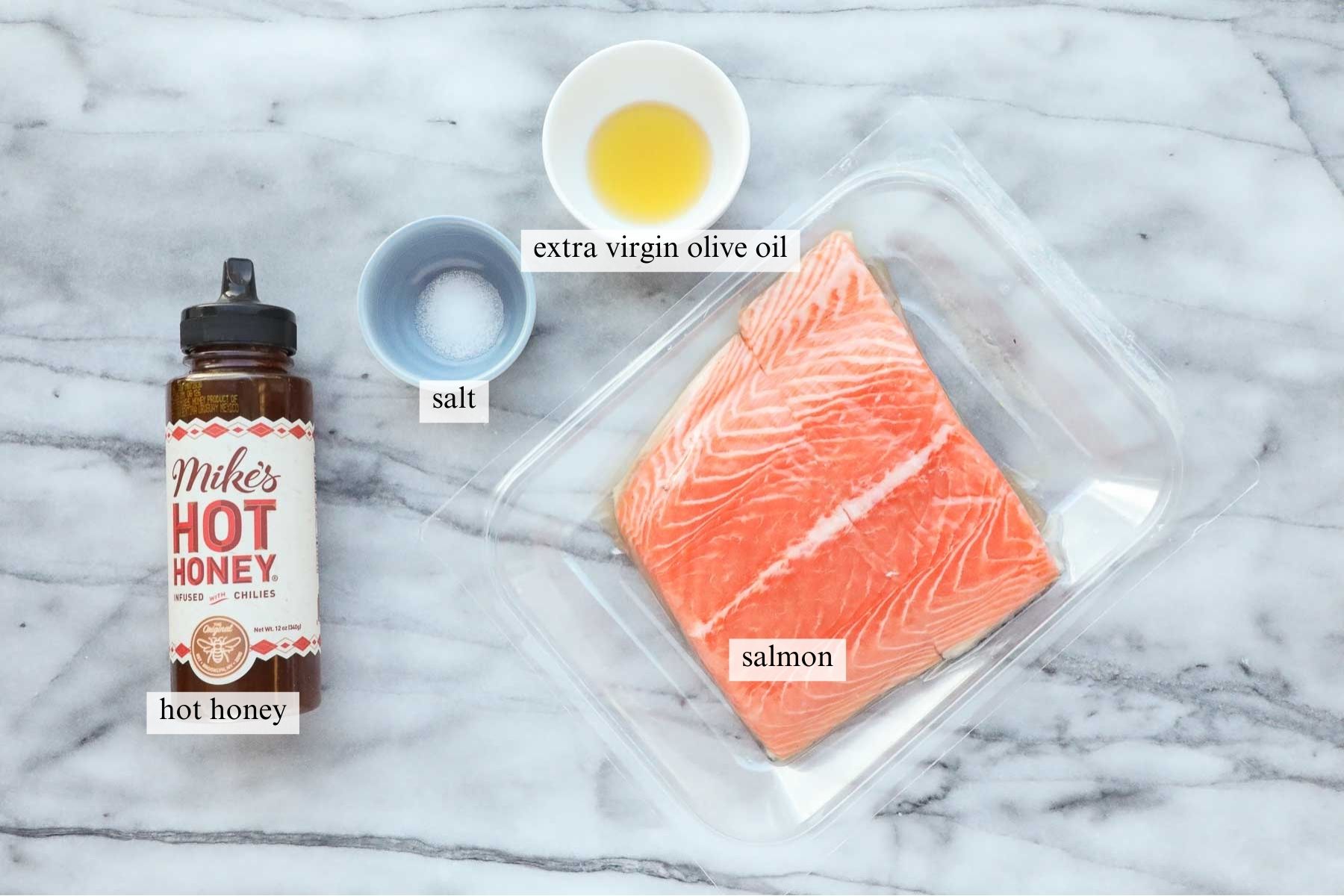 The four simple ingredients needed to make Hot Honey Salmon.