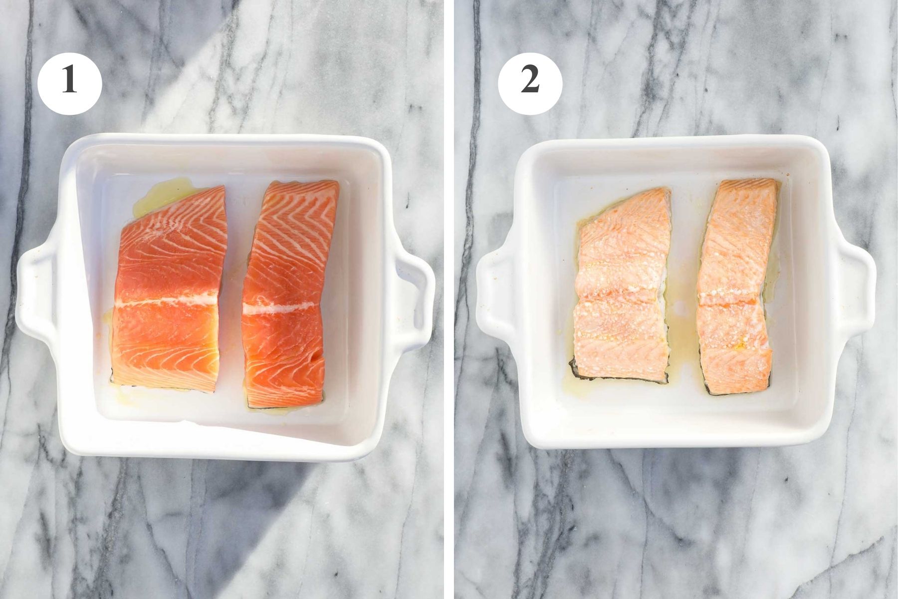 Raw salmon filets in a square ceramic baking dish brushed with olive oil and the salmon after it has been baked in the oven for 14 minutes.