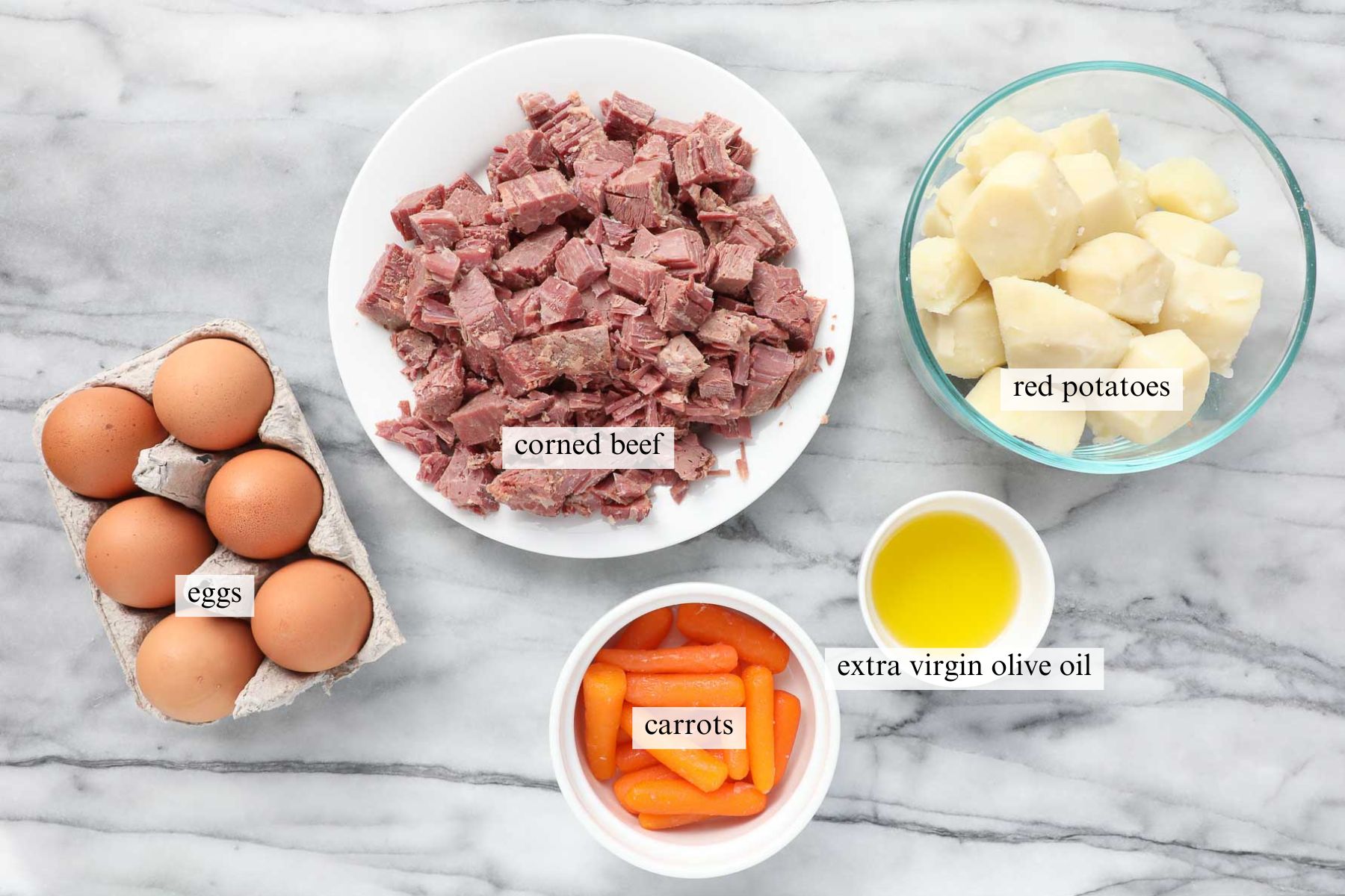 The ingredients needed to make Corned Beef Hash with Leftovers.