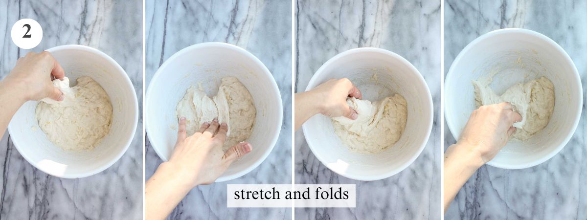 Four steps in the process of completing the stretch and fold technique.