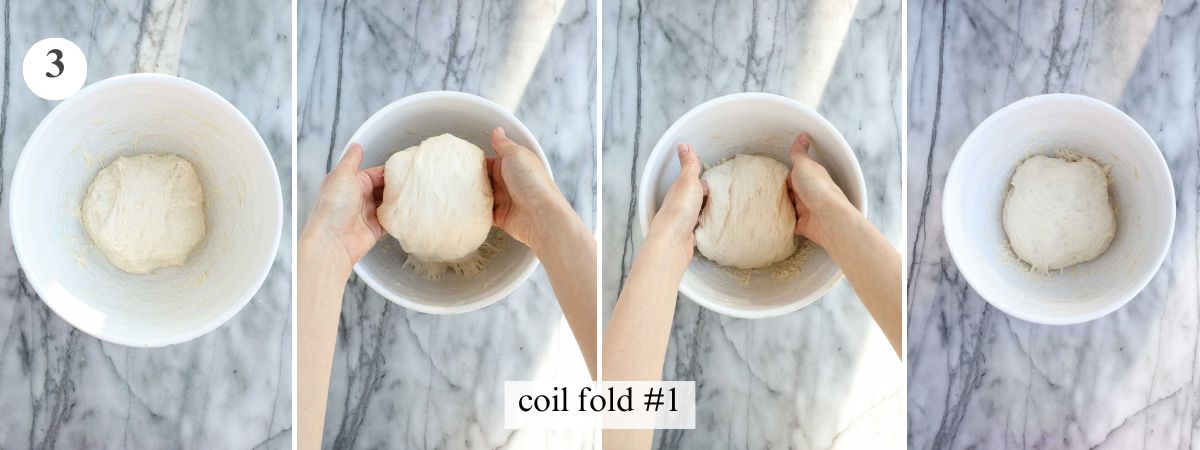 Four steps in the process of completing the coil fold technique.