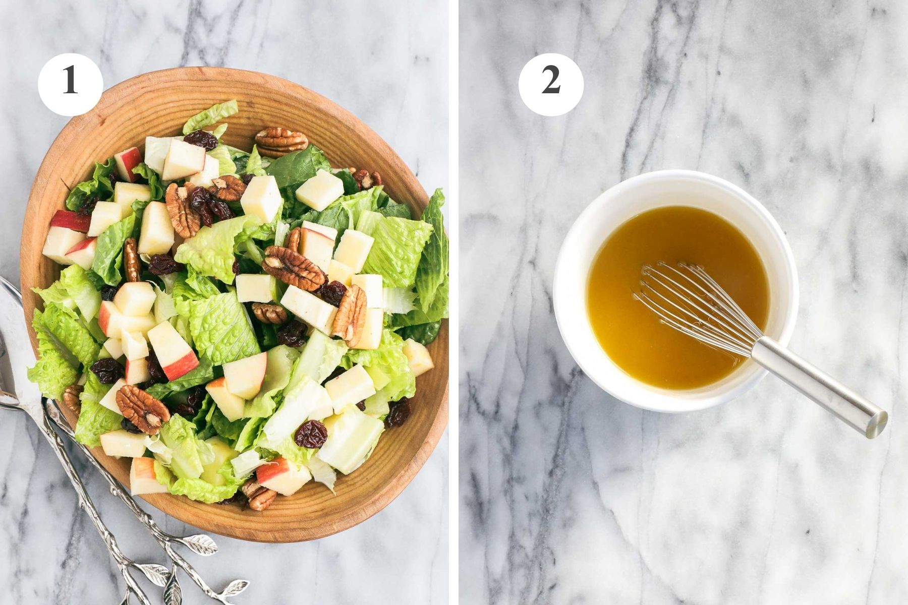 The New England Salad in a wooden bowl with salad tongs and a white bowl with the maple vinaigrette and a whisk.
