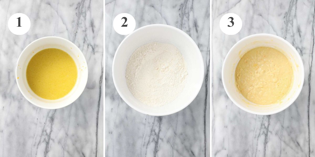 A mixing bowl with the wet ingredients combined, a bowl with the dry ingredients combined and a bowl with all the wet and dry ingredients combined.