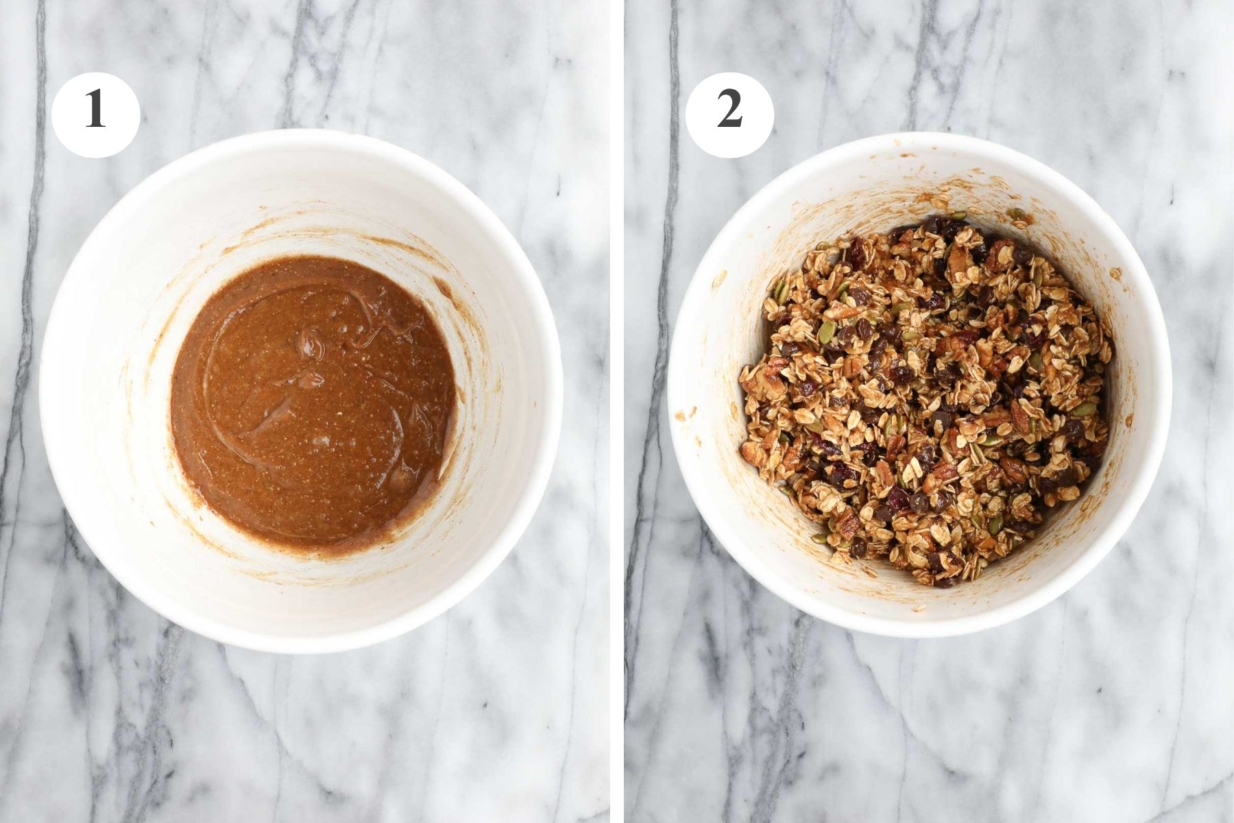 A bowl with the wet ingredients combined including peanut butter, maple syrup, egg, salt, and cinnamon, and the bowl with all the ingredients combined including oats, pecans, pumpkin seeds, and cranberries.