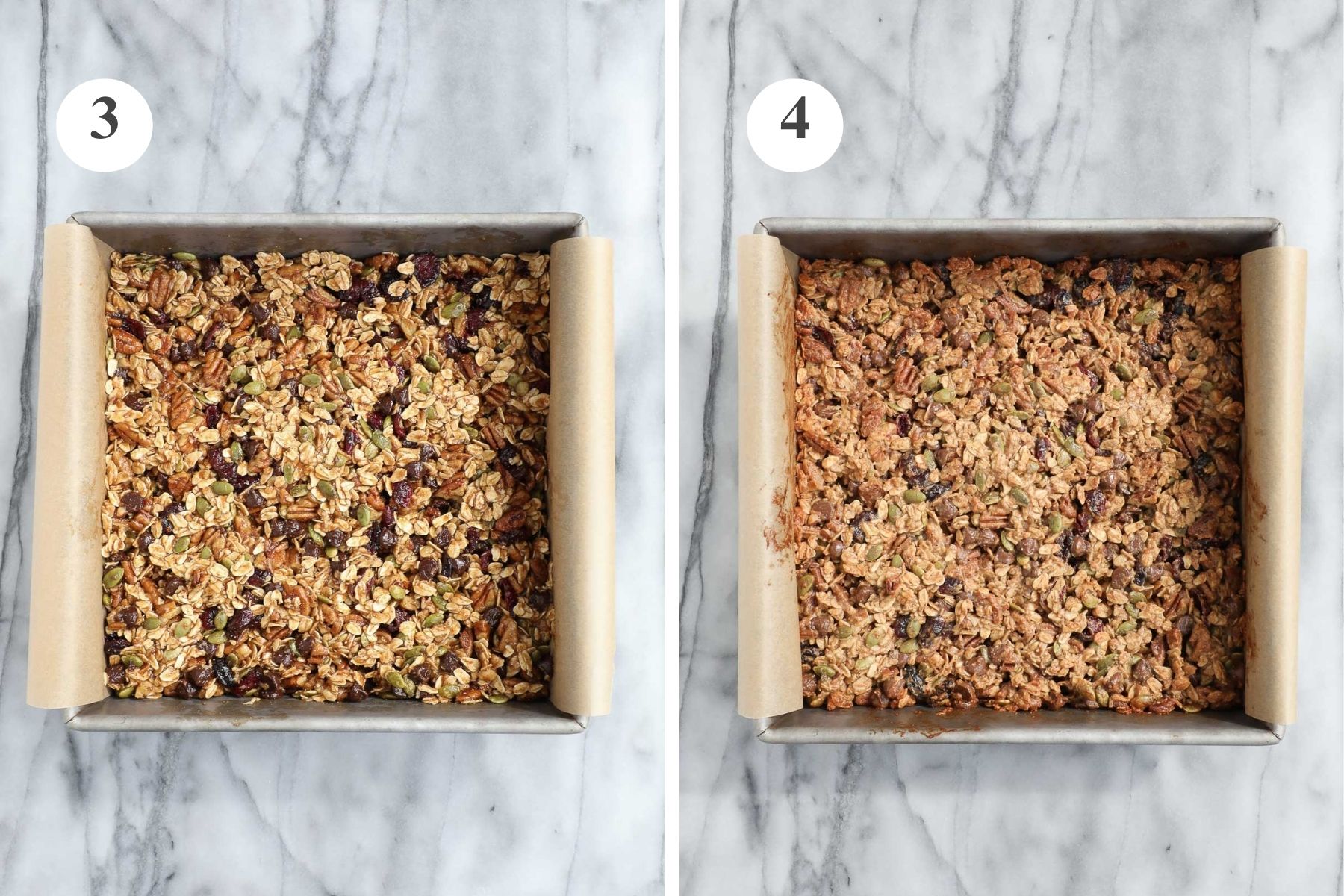 The granola bar mixture pressed into a 9x9 metal baking dish before and after being baked in the oven.